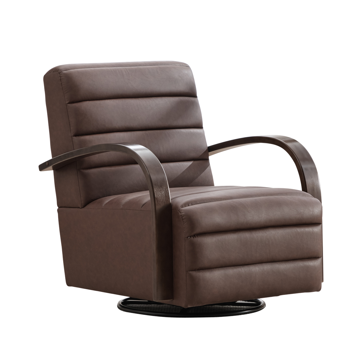 Modern Upholstered 360° Swivel Accent Chair with Solid Wood Armrests, Comfy Channel Tufted Lounge, Brown