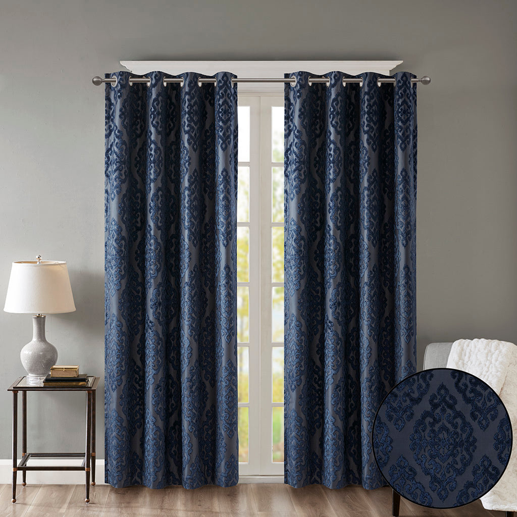 Knitted Jacquard Damask Total Blackout Grommet Top Curtain Panel - Navy