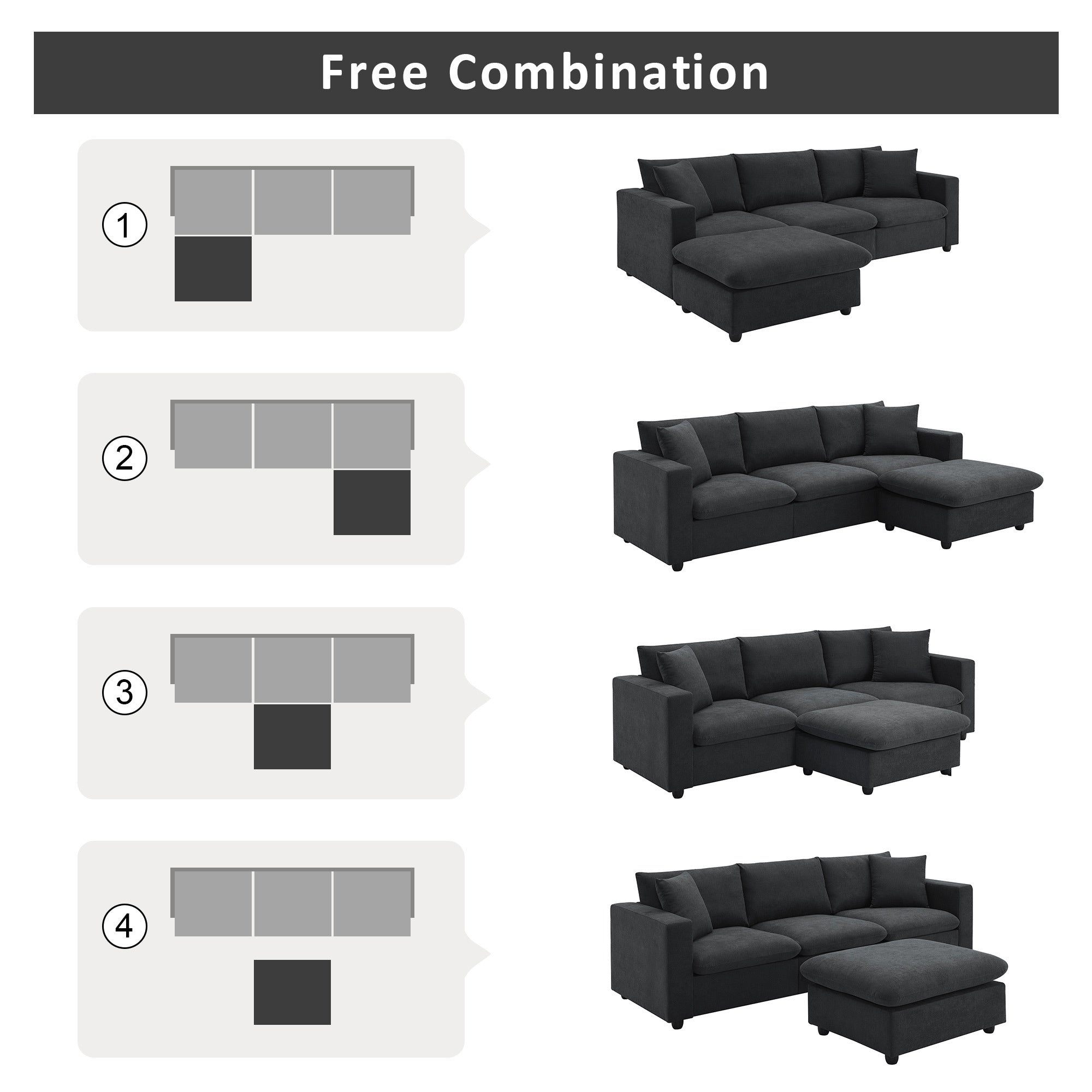 100.4x64.6" Modern Sectional Sofa, L-Shaped Couch Set With 2 Free Pillows, 4-Seat Polyester Fabric Couch Set With Convertible Ottoman - Black