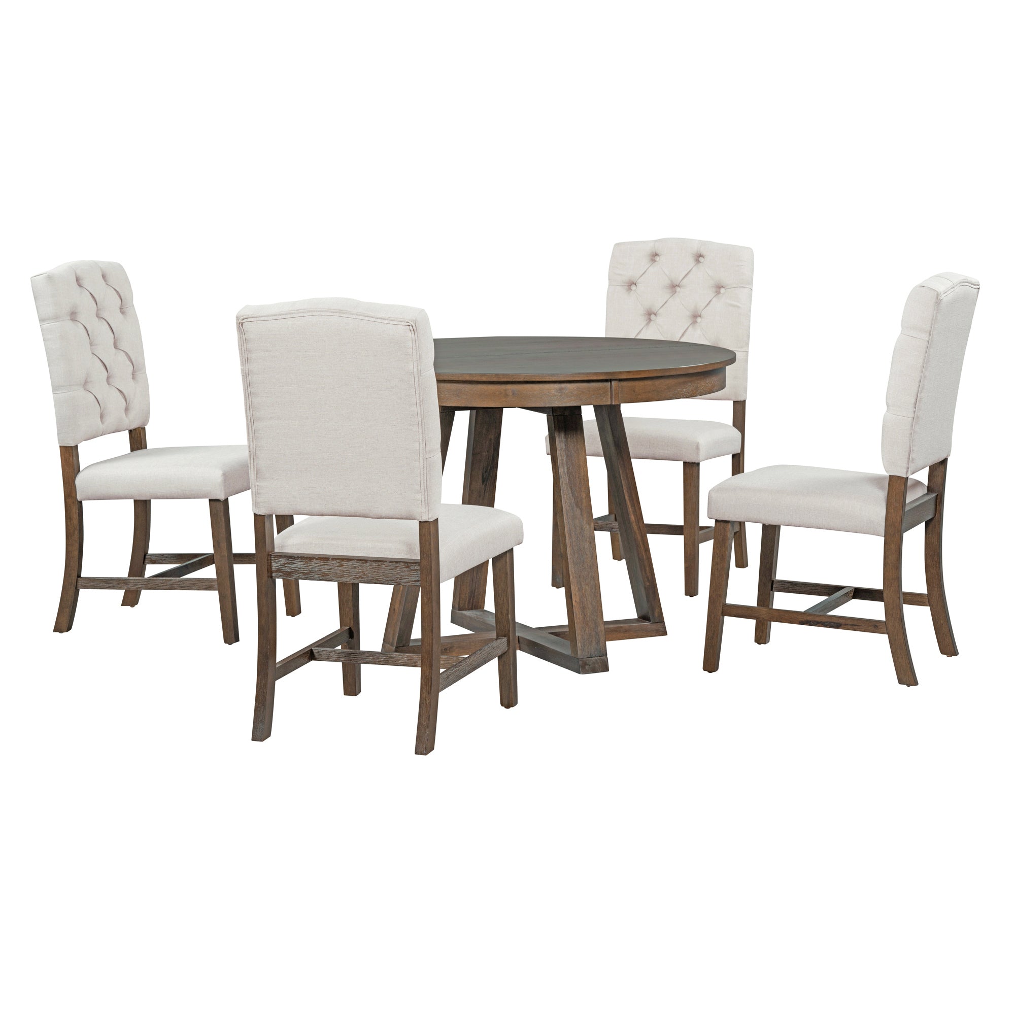 5-Piece Retro Functional Dining Set, Round Table with a 16"W Leaf and 4 Upholstered Chairs - Walnut