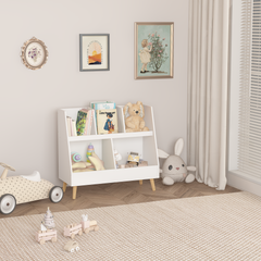 Kids Bookshelf and Toy Organizer, 5 Cubbies Wooden Open Bookcase, 2-Tier Baby Storage Display Organizer with Legs, Free Standing for Playing Room, Bedroom, Nursery, Classroom - White