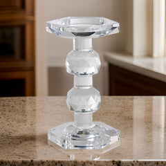 Crystal Glass Solid Turned Pillar, 7 Inch Candle Holder - Clear Glass