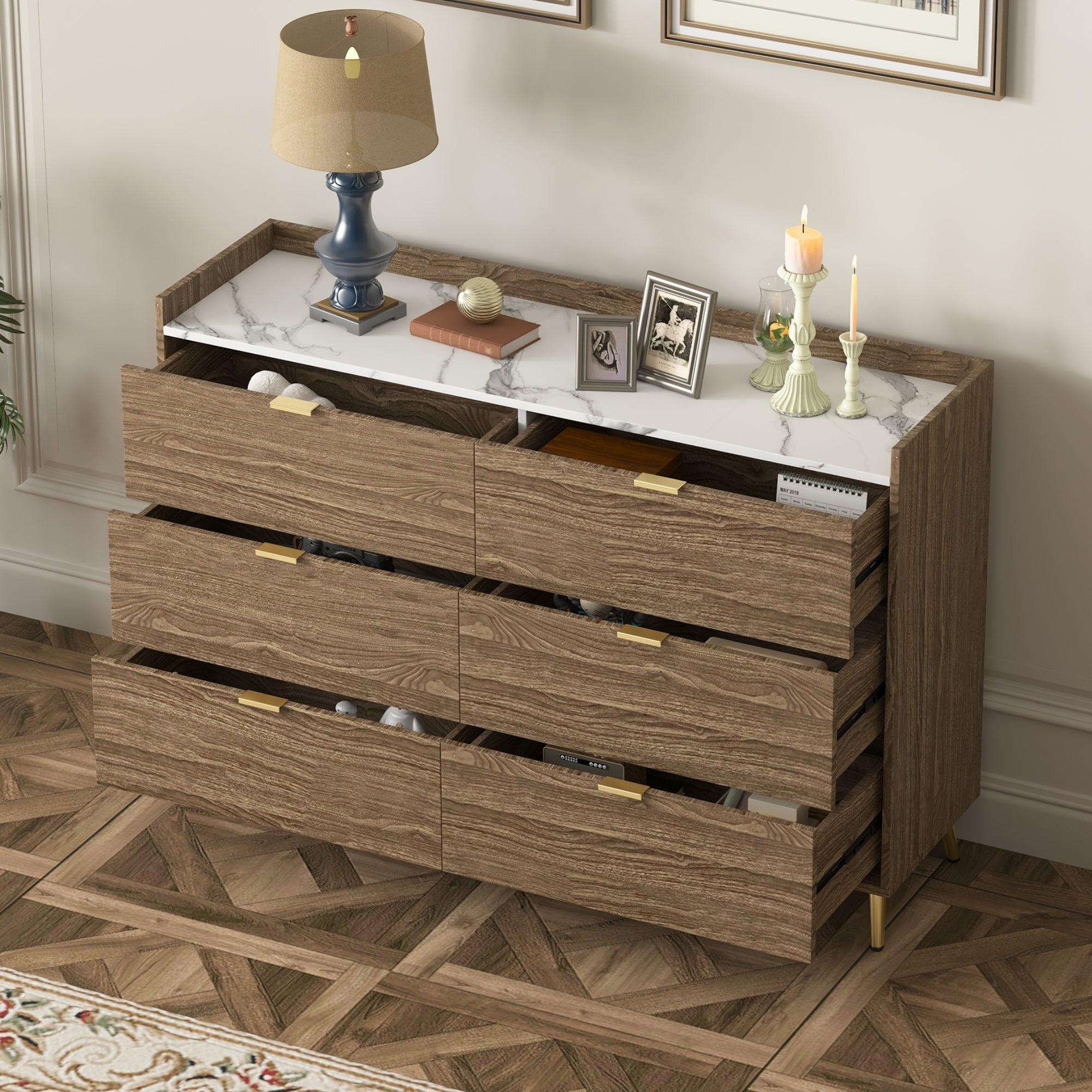 55" Long 6 Drawer Dresser with Marbling Worktop, Mordern Storage Cabinet with Metal Leg and Handle - Walnut