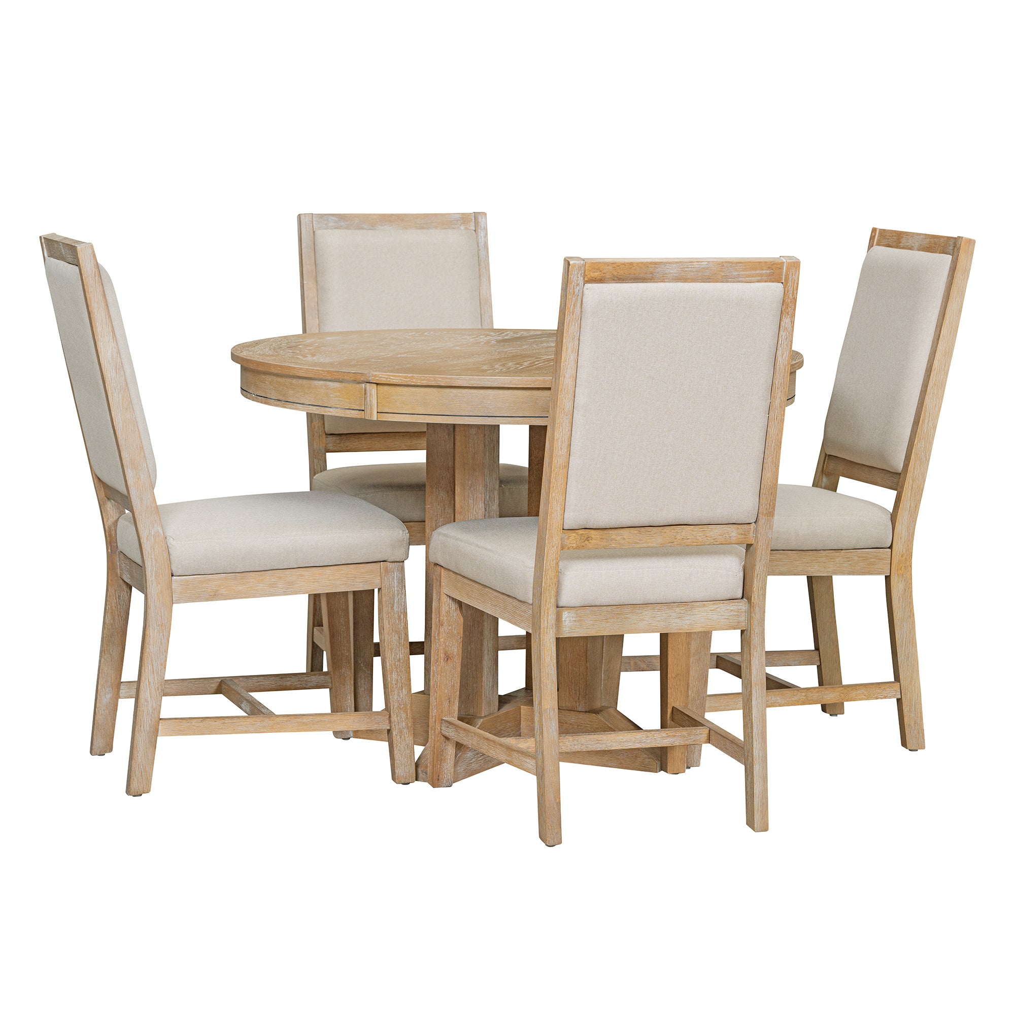 5-Piece Dining Set Extendable Round Table and 4 Chairs Farmhouse Dining Set - Natural Wood Wash