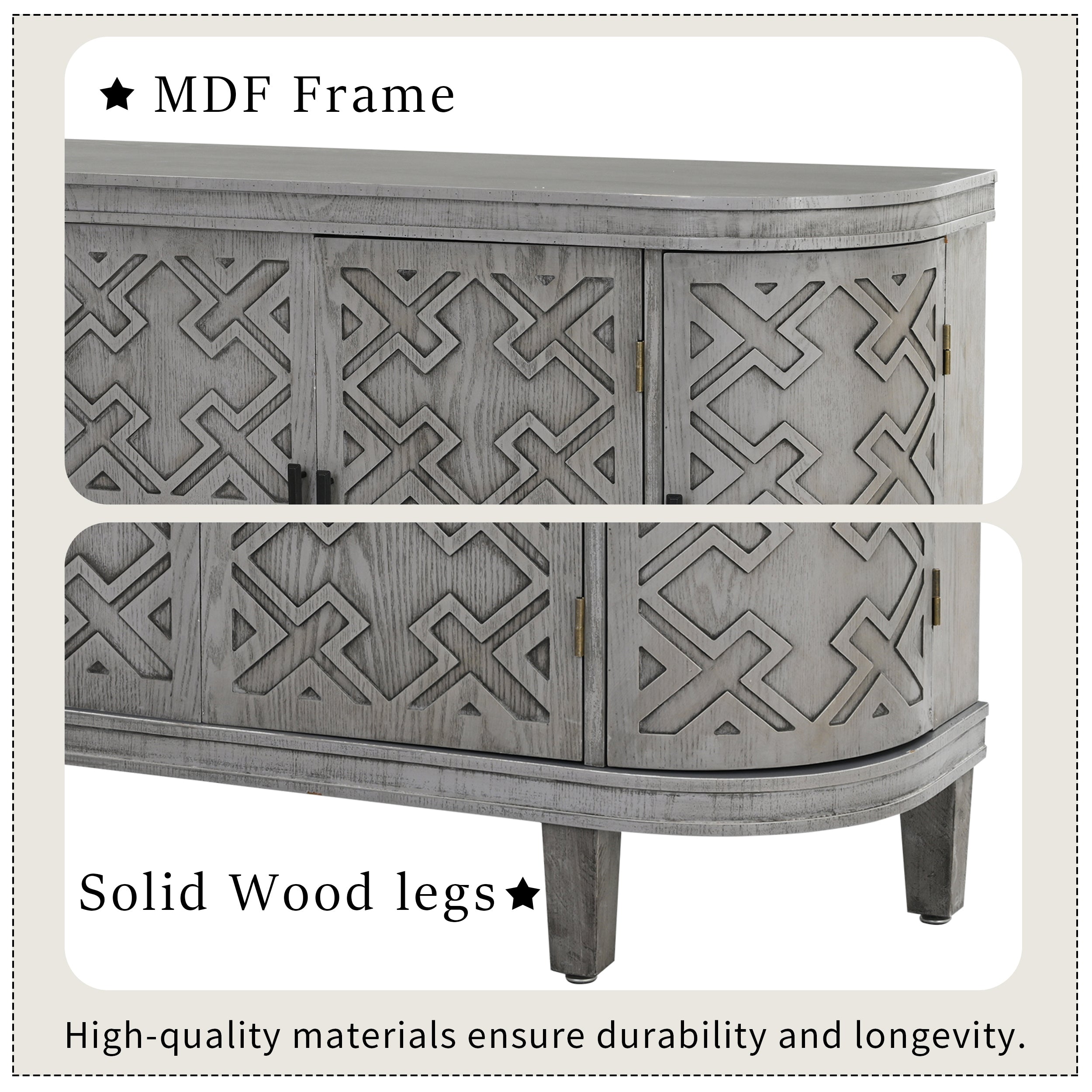 Accent Storage Cabinet Sideboard Wooden with Antique Pattern Doors - Grey