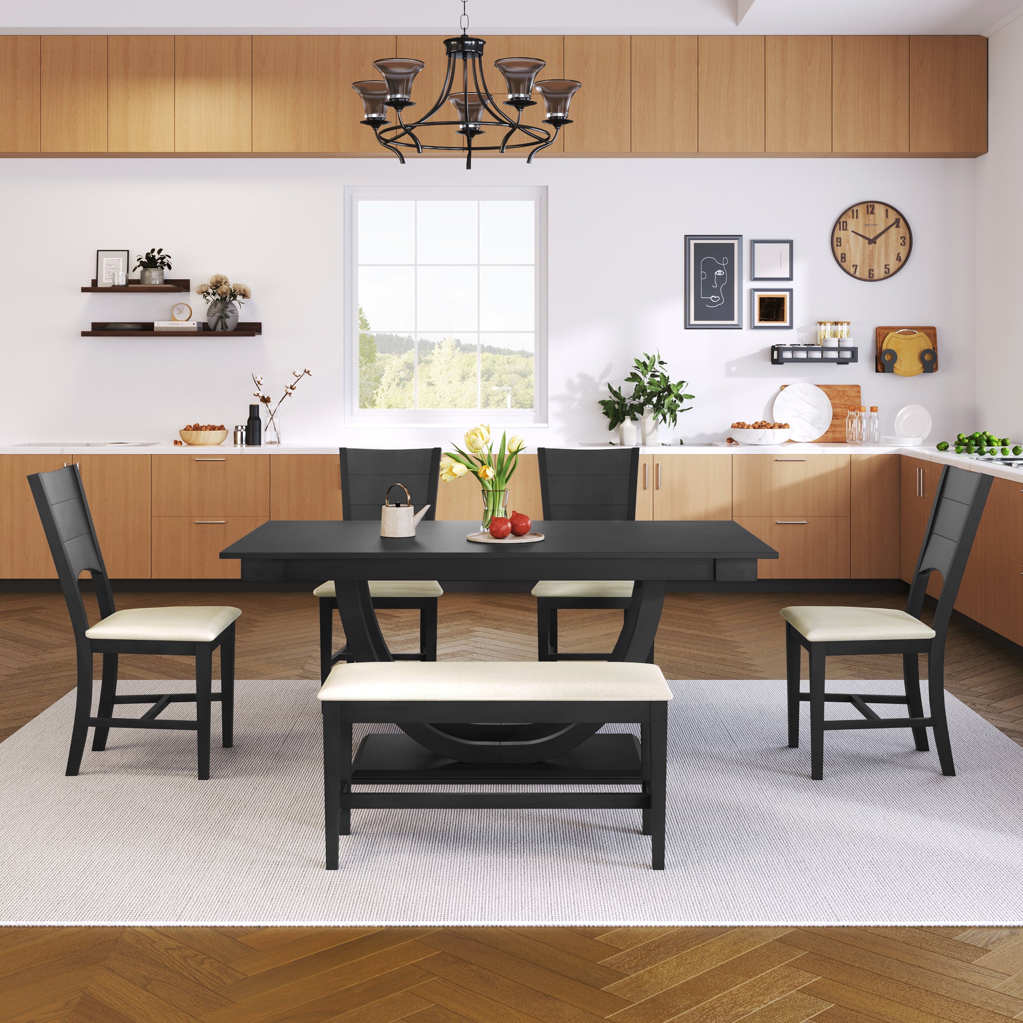 6-Piece Wood Half Round Dining Table Set with Long Bench and 4 Dining Chairs - Grey