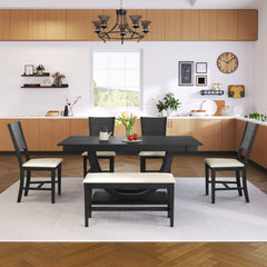 6-Piece Wood Half Round Dining Table Set with Long Bench and 4 Dining Chairs - Grey