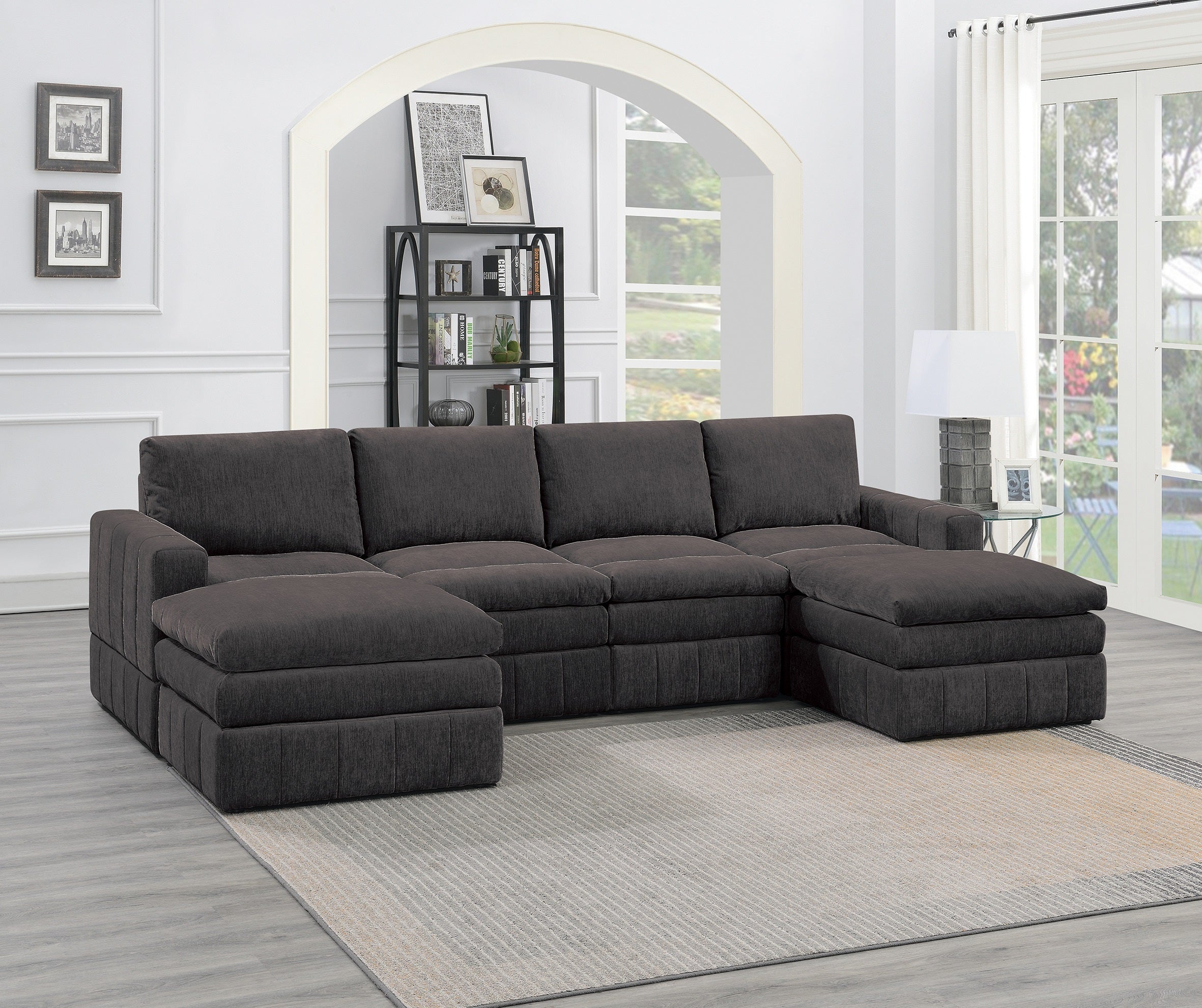 Contemporary 6pc Set Modular Sectional Set 2x One Arm Chair / Wedge 2x Armless Chairs 2x Ottomans - Mink Color