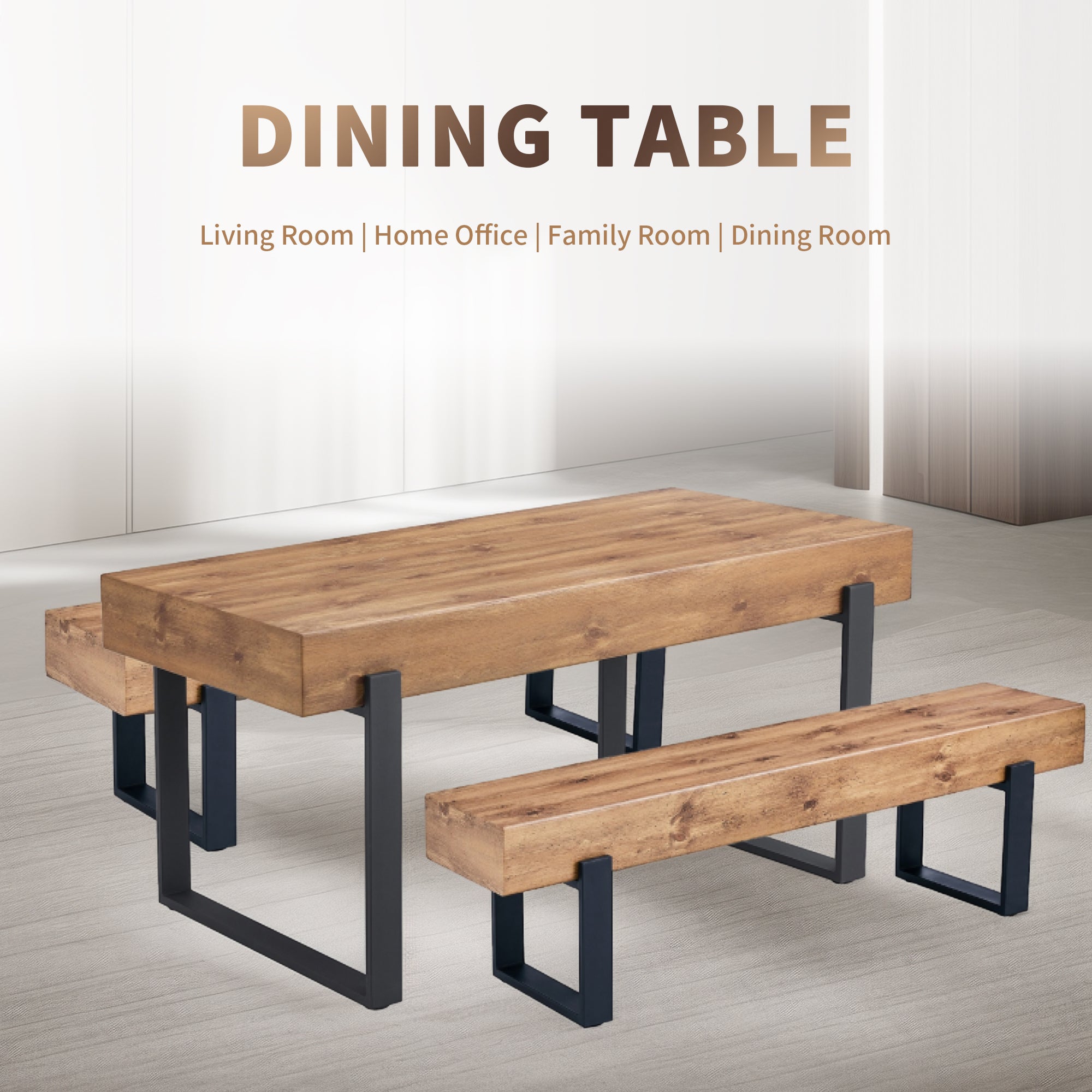 3-Piece Dining Table Set for 4 People, 59" Kitchen Table Set with 2 Bench, Dining Room Table with Heavy-Duty Frame, Easy Assembly - Natural Wood Wash