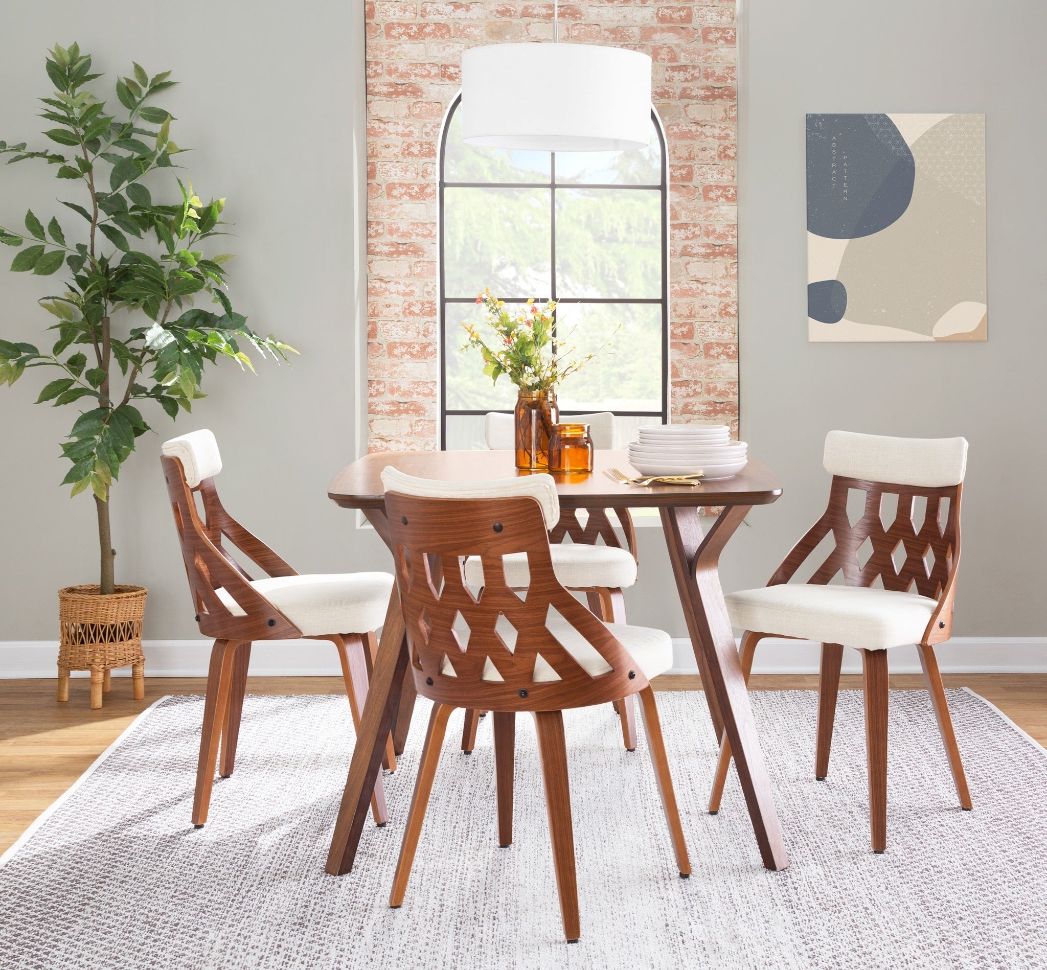 Mid-Century Modern Chair - Walnut Wood and Cream Fabric (Set of 2)