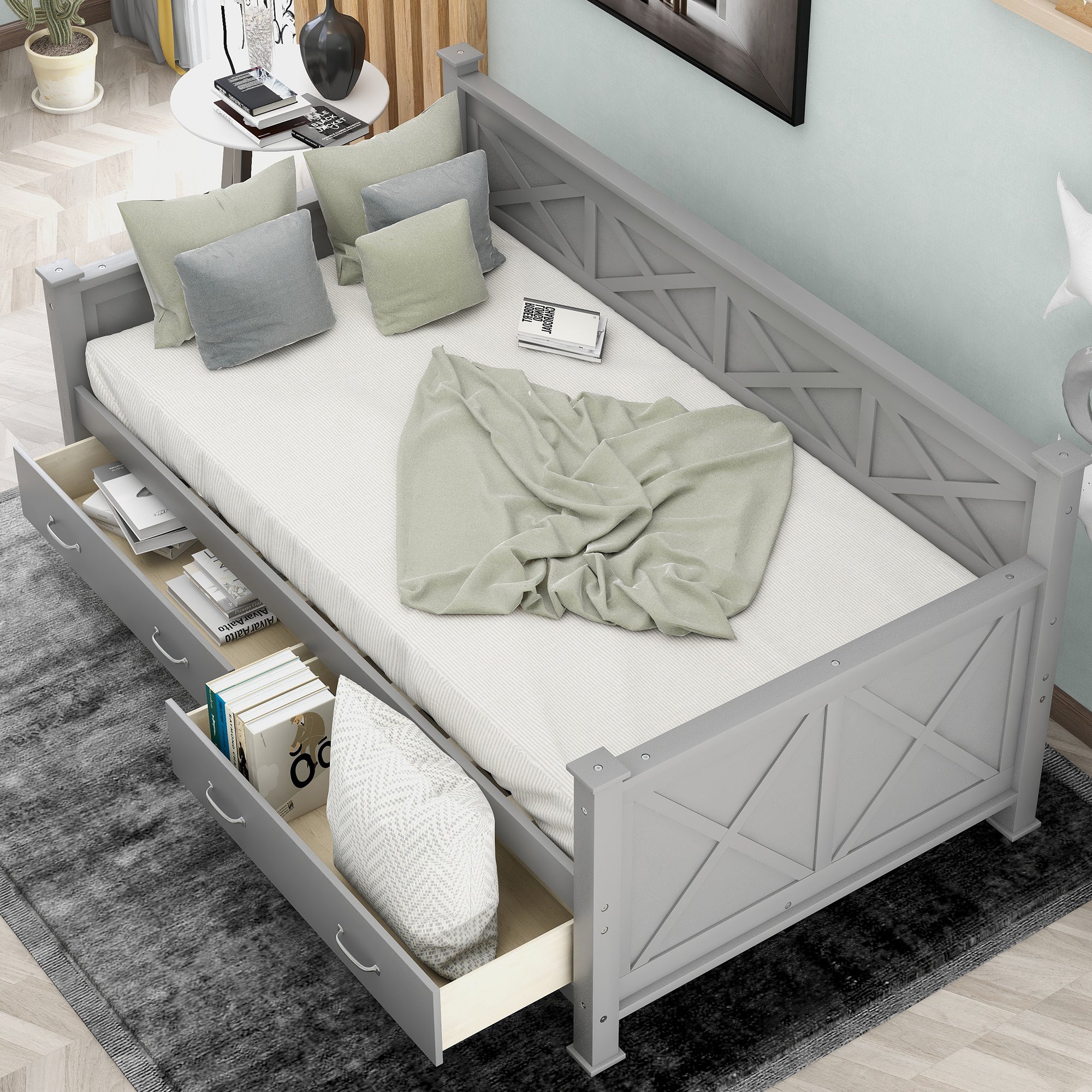 Twin Size Daybed with 2 Large Drawers, X-shaped Frame, Modern and Rustic Casual Style - Grey