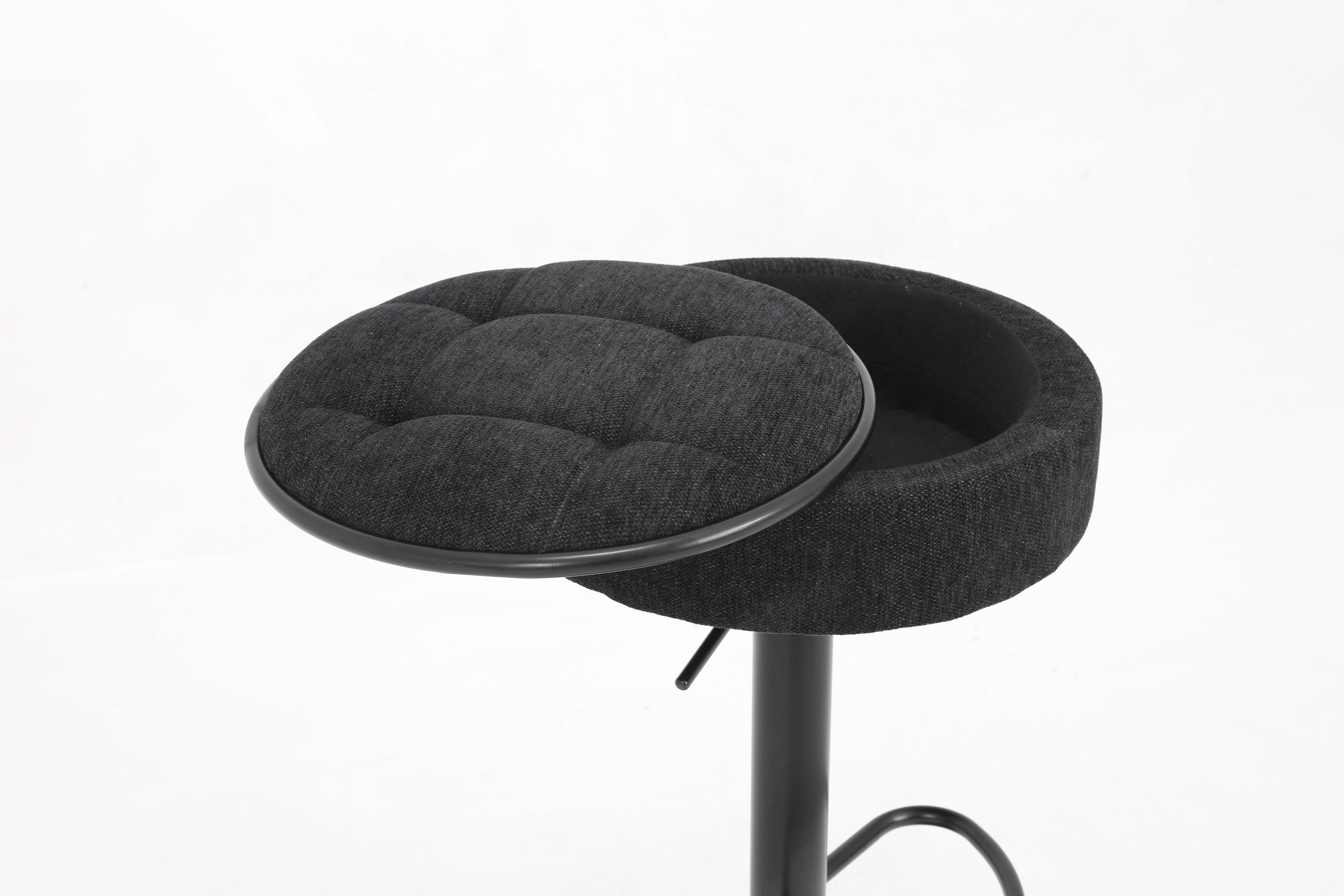 Set of 2 Round Storage Bar Stool Black Linen Height Adjustable Barstool, 360°Counter Height Swivel