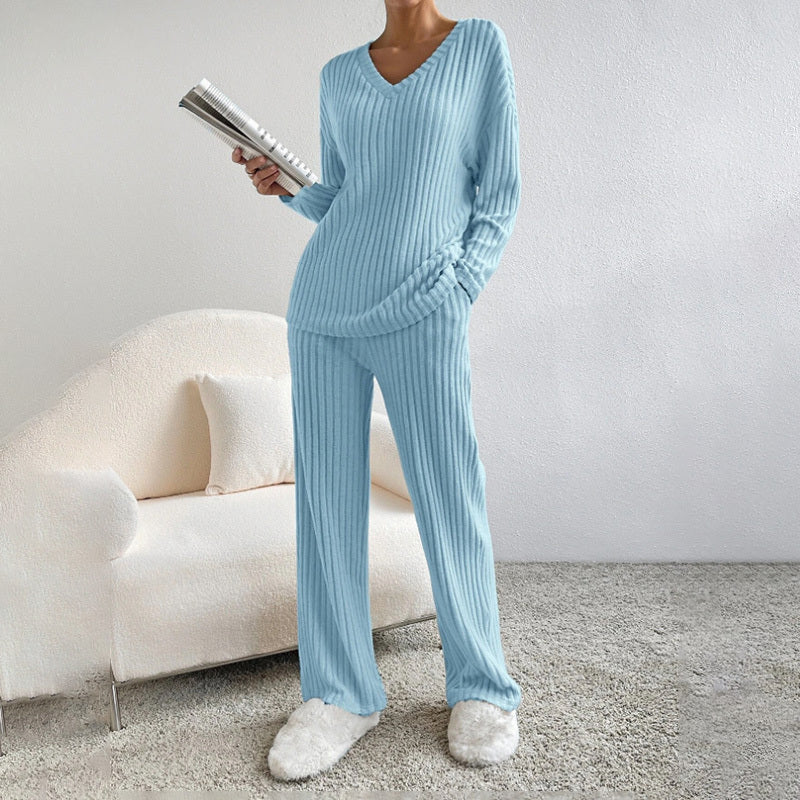 Women's 2-Piece Set Solid Color V-Neck Long Sleeve Top & Straight Leg Pants, Ribbed Texture Outfit For Fall&Winter