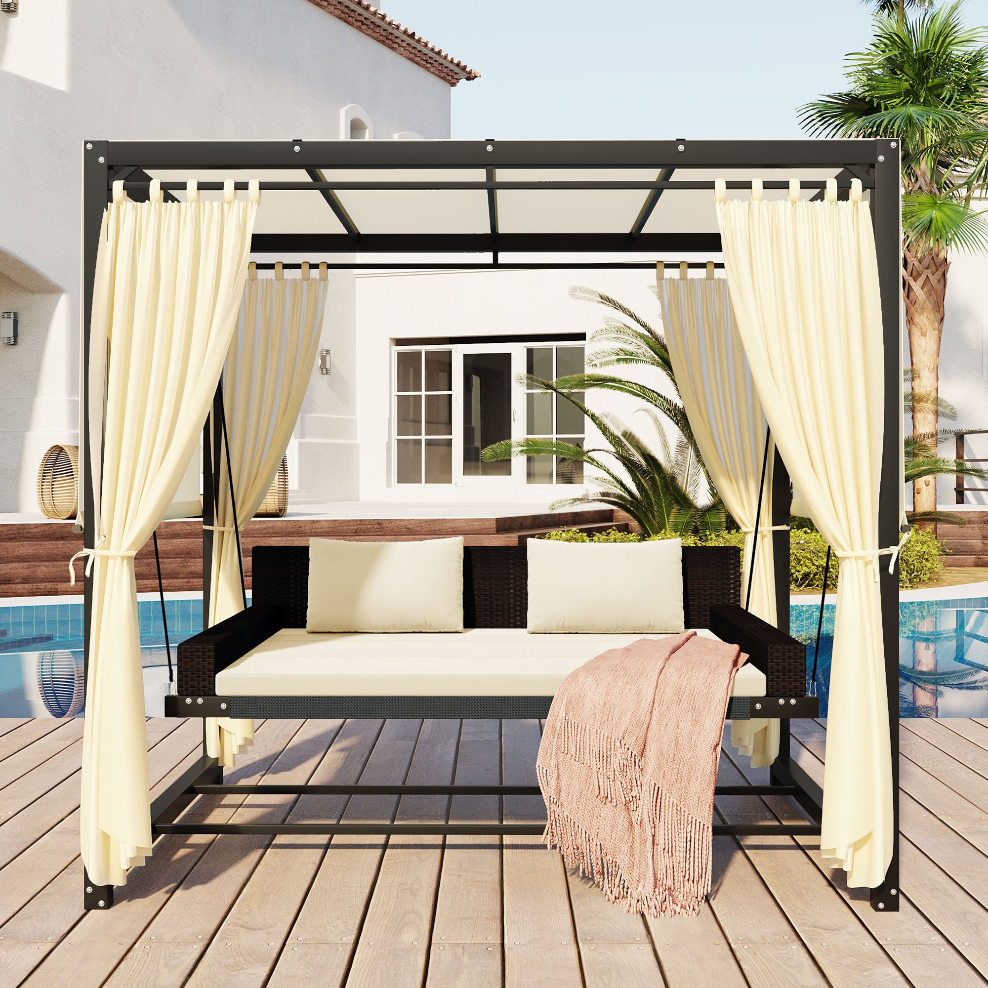 Outdoor Swing Bed for 2-3 People, Adjustable Curtains - Beige