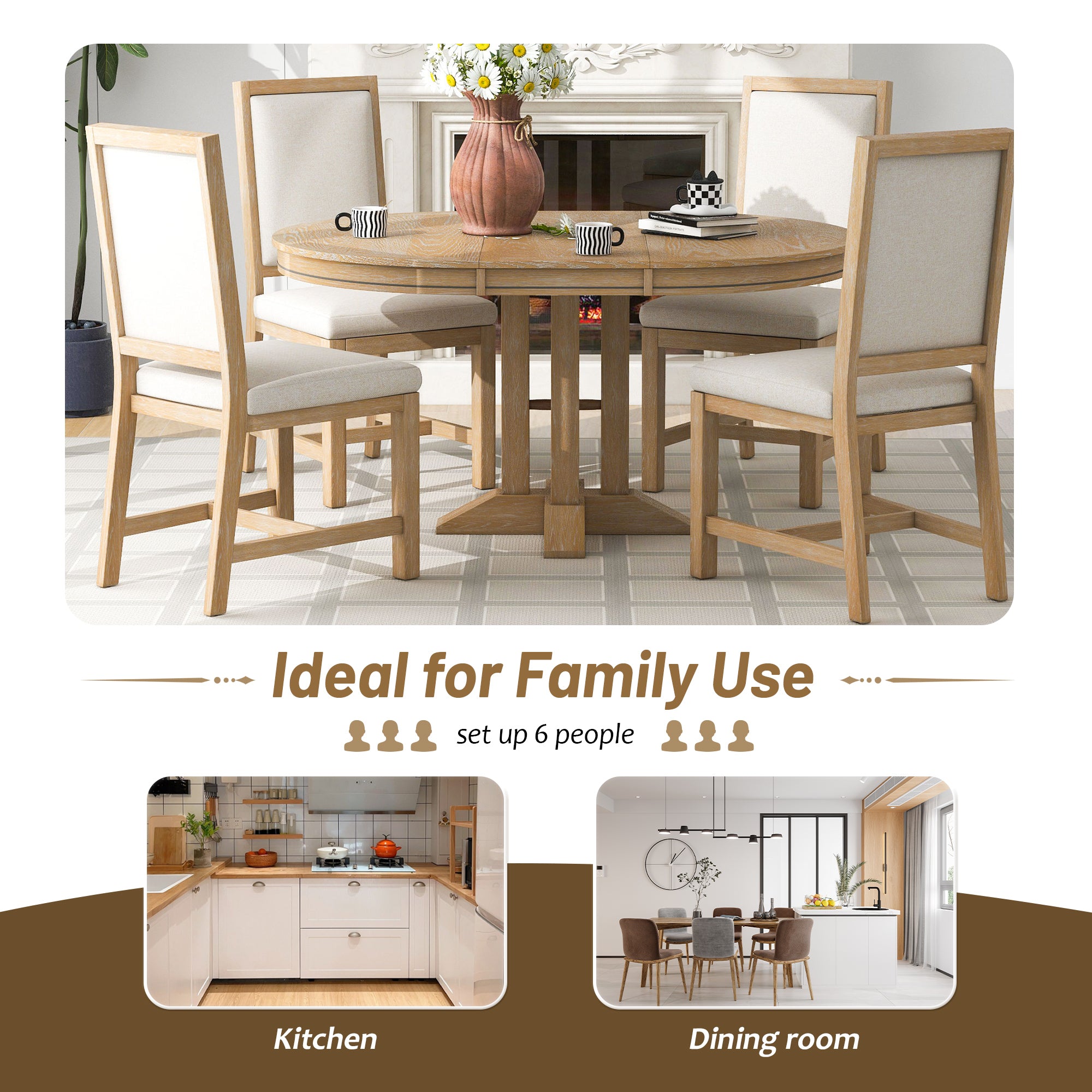 5-Piece Dining Set Extendable Round Table and 4 Chairs Farmhouse Dining Set - Natural Wood Wash