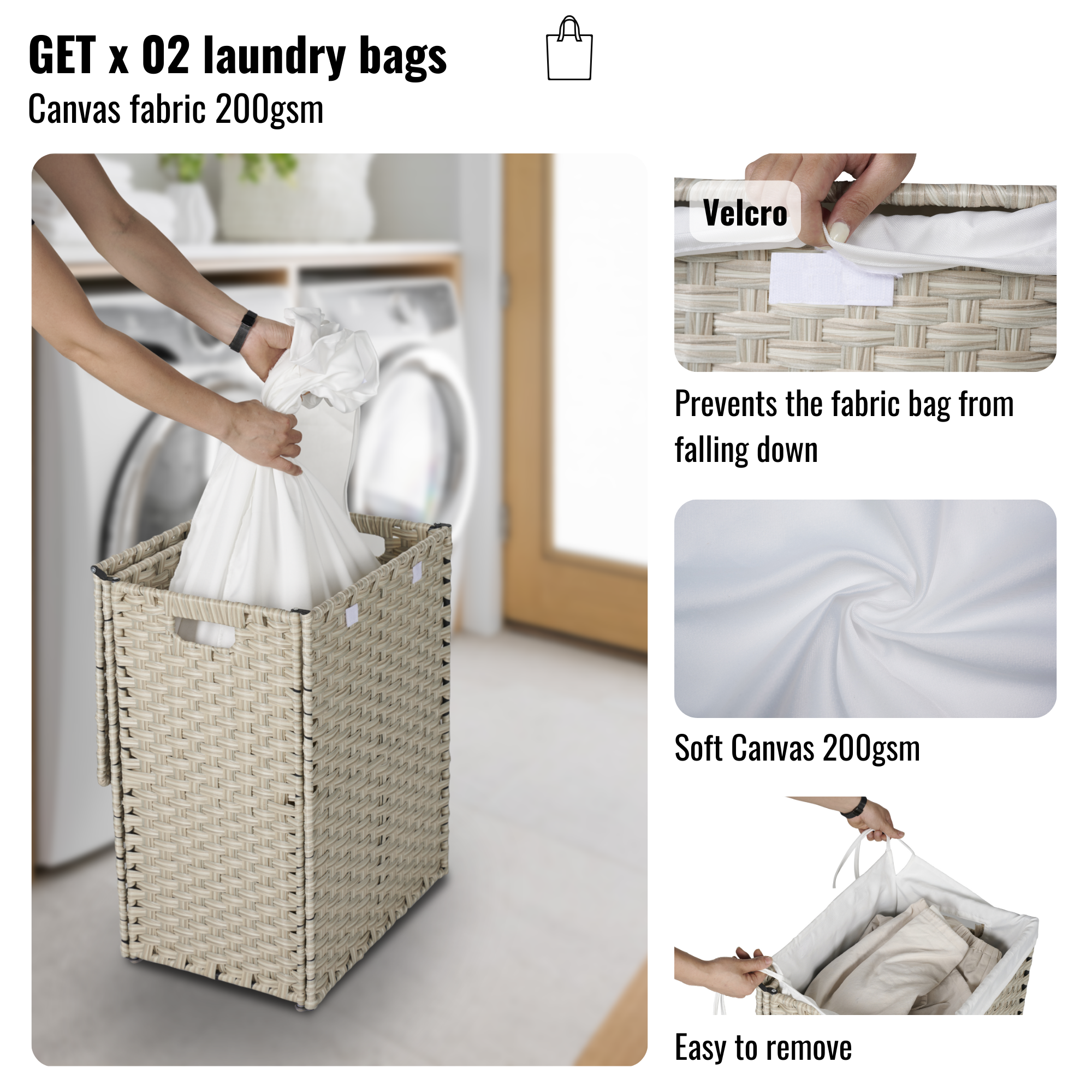 Laundry Hamper With Lid PE Rattan Powder Coating Frame Clothes with 2 Removable Bags, 100L - Light Grey