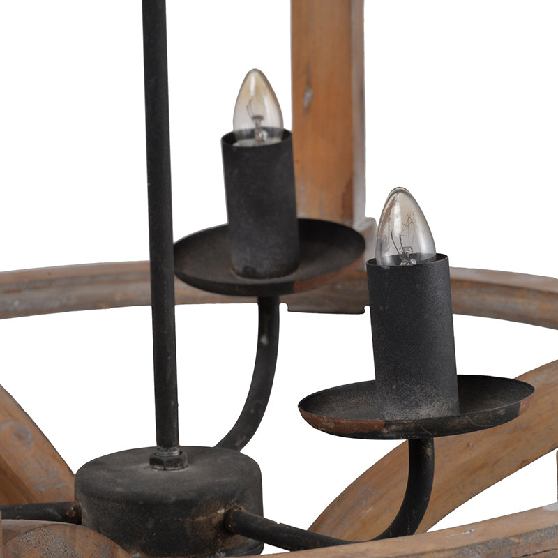 3-Light Wood Drum Chandelier, Hanging Light Fixture with Adjustable Chain