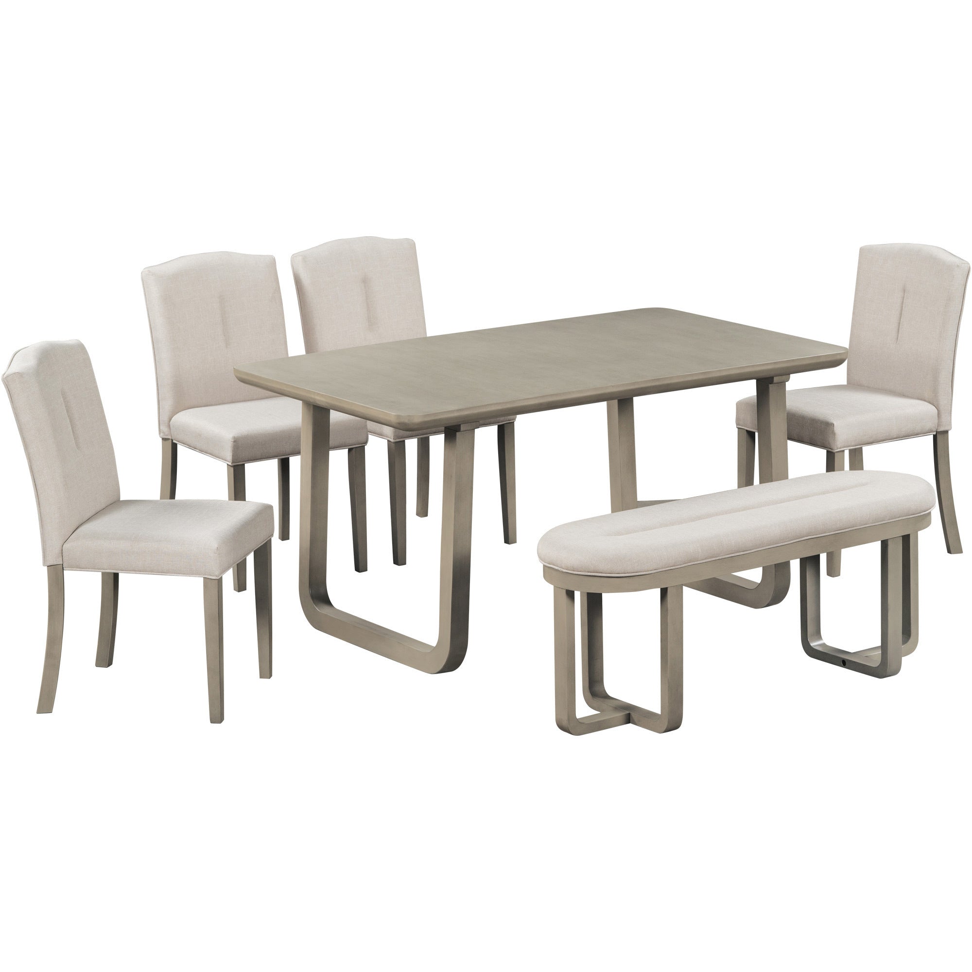 6-Piece Retro-Style Dining Set Includes Dining Table, 4 Upholstered Chairs & Bench with Foam-covered Seat Backs & Cushions - Light Khaki + Beige