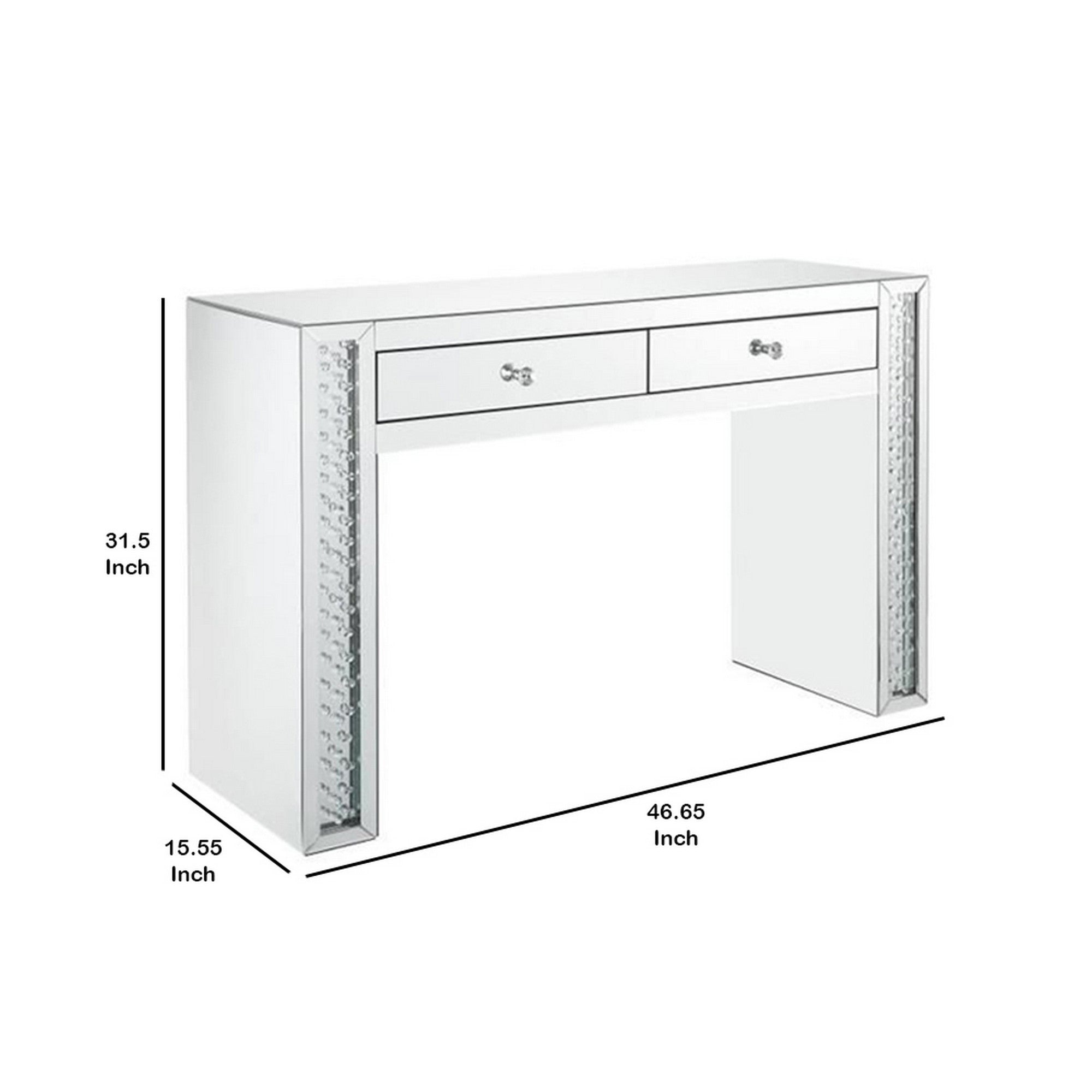 Mirror Accented Two Drawers Wooden Vanity Desk With Faux Crystal Inlay, Silver