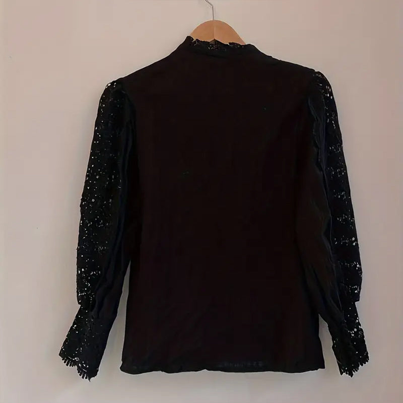 Elegant Women's Vintage Pearl Button Lace Blouse - Puff Sleeve Semi-Sheer Ruffled Stand Collar Shirt