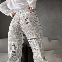 Vintage Newspaper Print Straight Leg Pants, High Waist, Gray and White