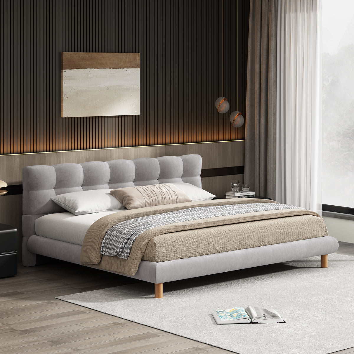 King Size Upholstered Platform Bed Frame with Cookie-Shaped Soft Headboard, Easy Assembly, Grey