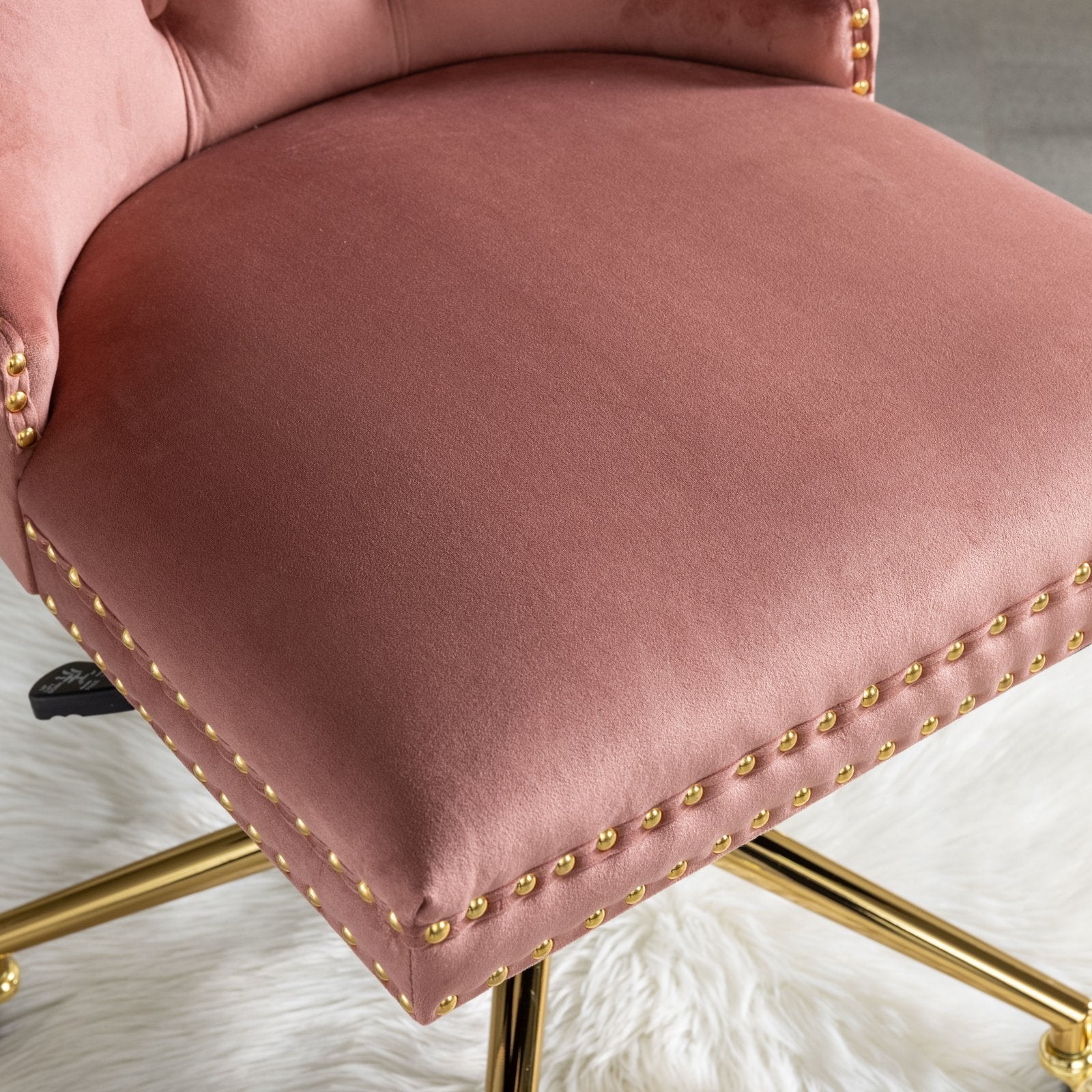 Velvet Upholstered Tufted Button Home Office Chair with Golden Metal Base, Adjustable Desk Chair Swivel Office Chair - Pink