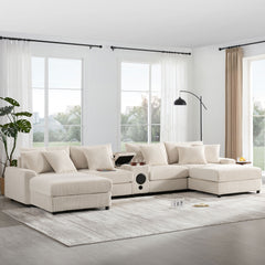 141.5*64'' Corduroy Sectional Sofa with Bluetooth Speakers, U-Shaped Couch with Console, USB Charger, Cup Holders, Storage, Ottoman, Deep and Wide Seat Cloud Sofa for Living Room&Apartment