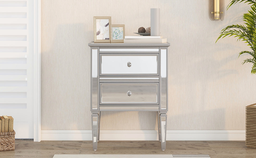 Elegant Mirrored Side Table with 2 Drawers, Modern Silver Finished