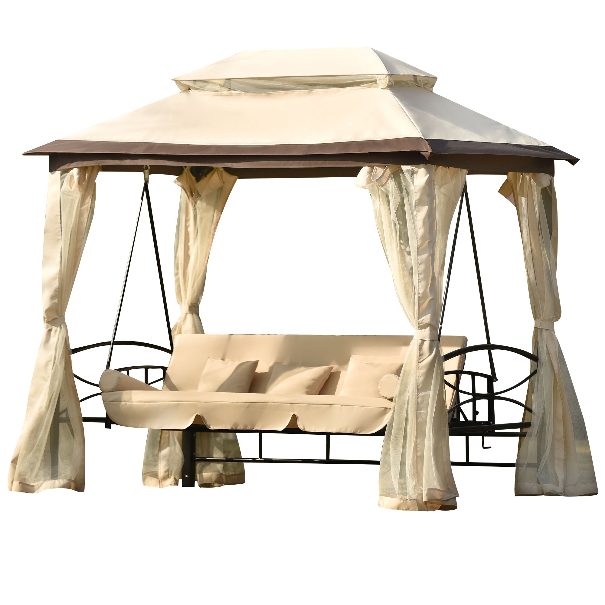 8.9 Ft. W x 5.9 Ft. D Outdoor Gazebo with Convertible Swing Bench, Double Roof Soft Canopy Garden Backyard Gazebo with Mosquito Netting Suitable for Lawn, Garden, Backyard