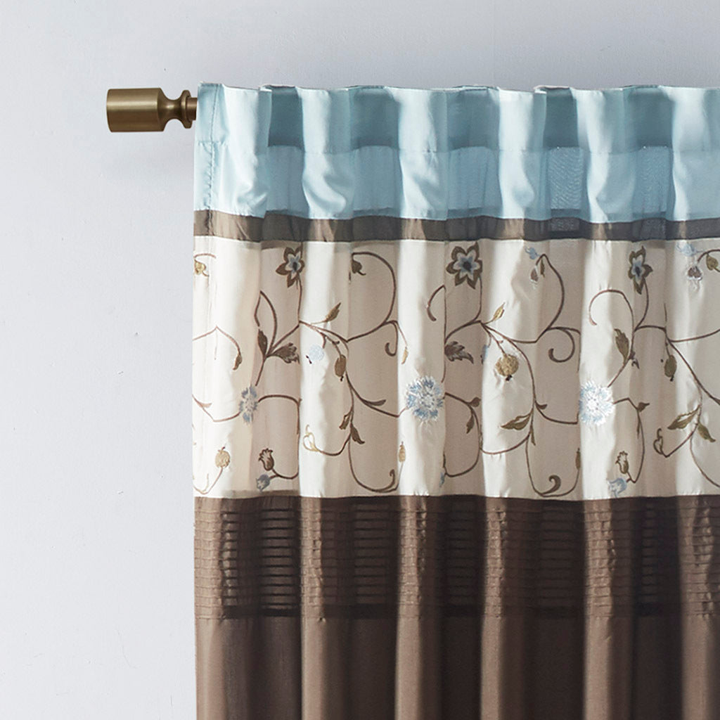 Embroidered Curtain Panel - Blue/ Brown