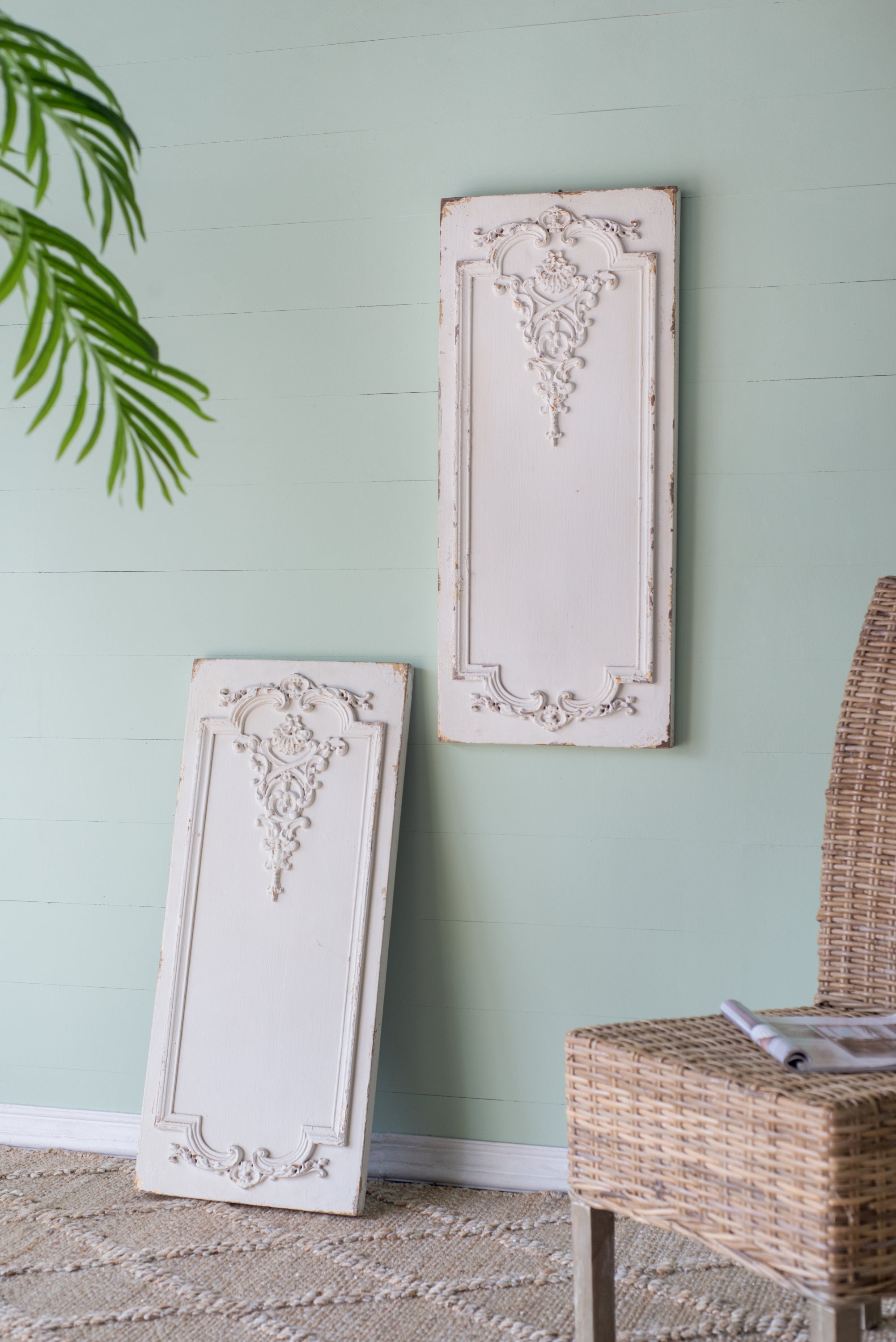 Set of 2 Large Wooden Rectangle Hanging Panels with Distressed White Finish, 15.5" x 36"
