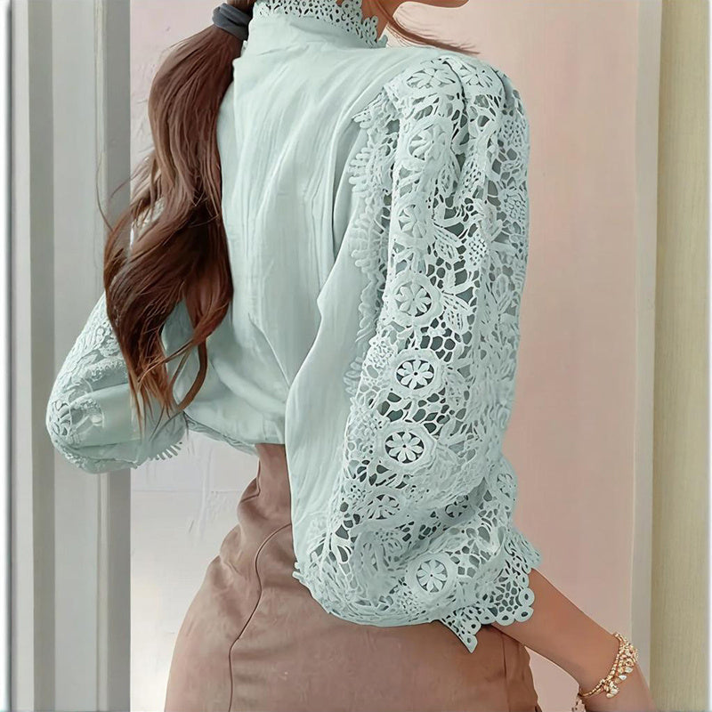 Elegant Women's Vintage Pearl Button Lace Blouse - Puff Sleeve Semi-Sheer Ruffled Stand Collar Shirt