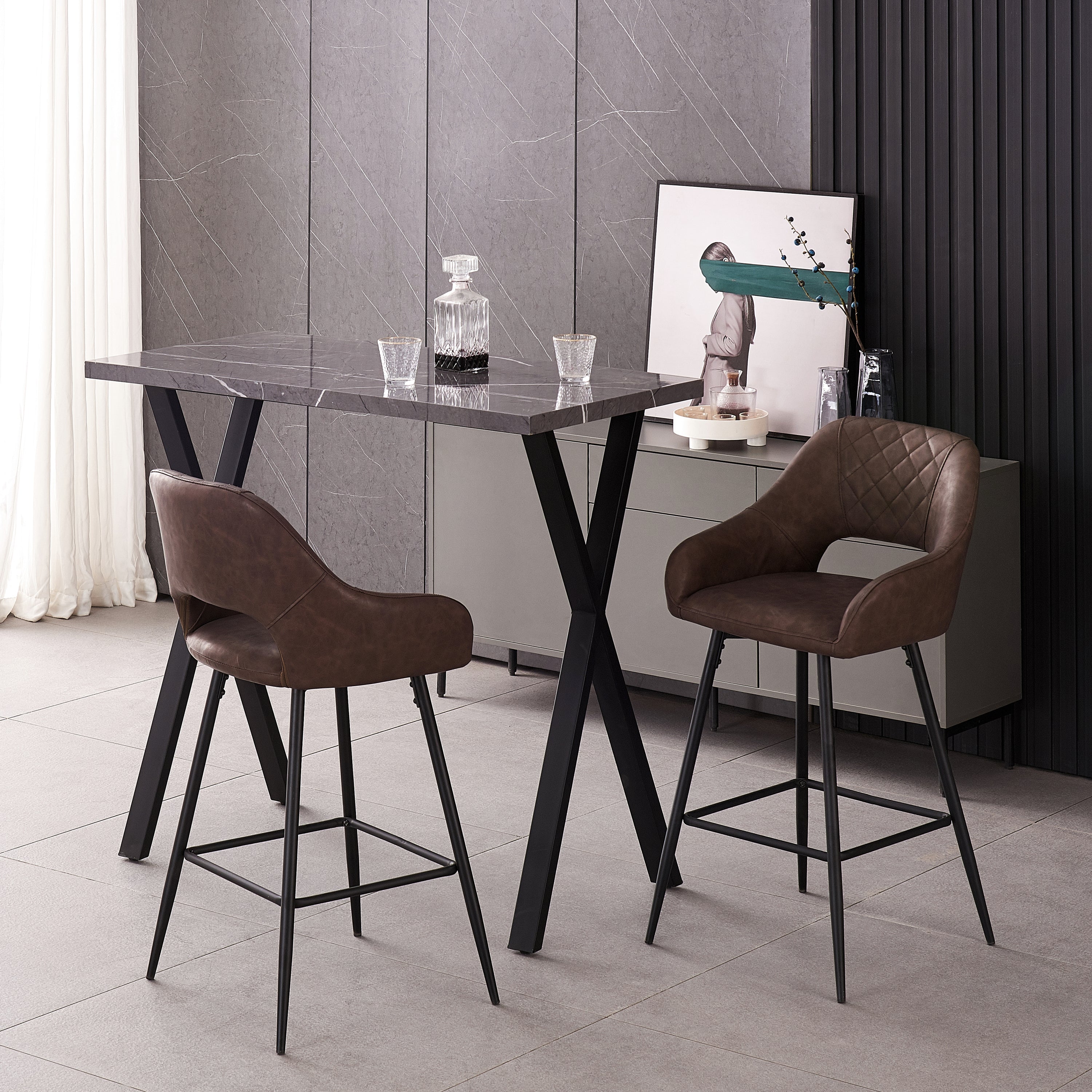 Bar Stools Set of 2 Leather Brown Breakfast Dining Bar Stools Fixed Height Bar Chairs with Metal Frame and Footrest