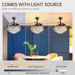 42"Chandelier Ceiling Fan Retractable Ceiling Fans with Lights and Remote Control 6 Speed LED 72w Dimmable Invisible