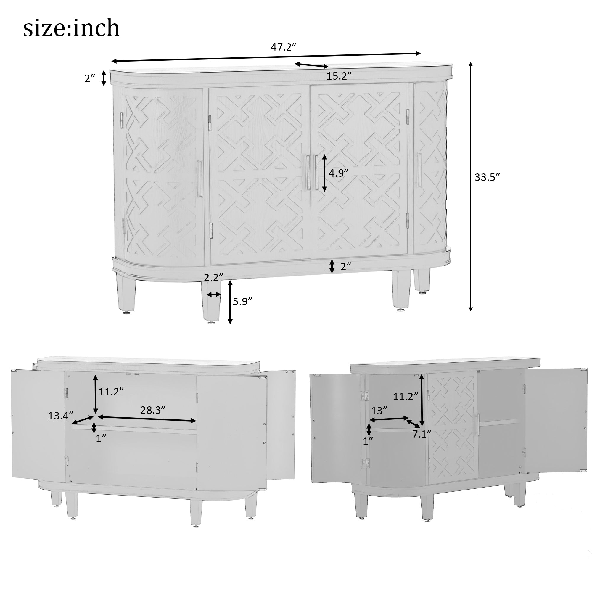 Accent Storage Cabinet Sideboard Wooden with Antique Pattern Doors - Grey