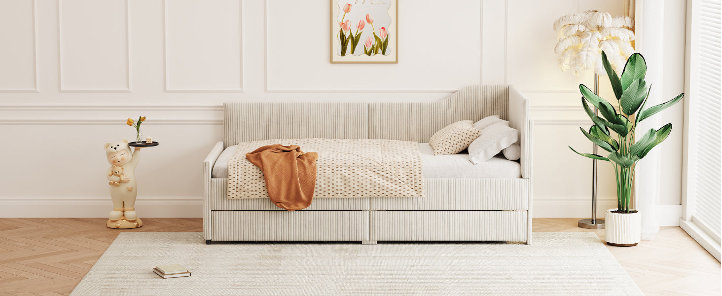 Twin Size L-Shaped Corduroy Daybed,Upholstered Bed Frame with  2 Storage Drawers, Beige