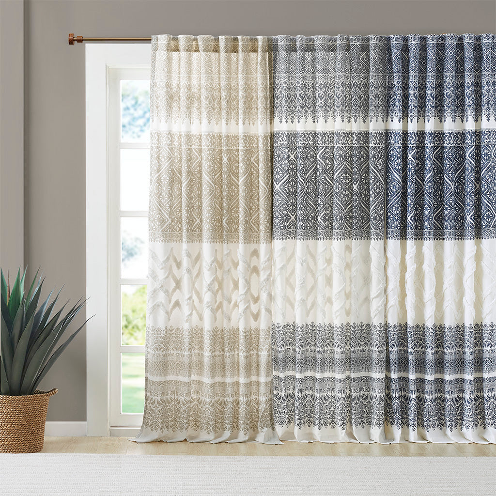 50x84" Cotton Printed Curtain Panel with Chenille detail and Lining - Taupe