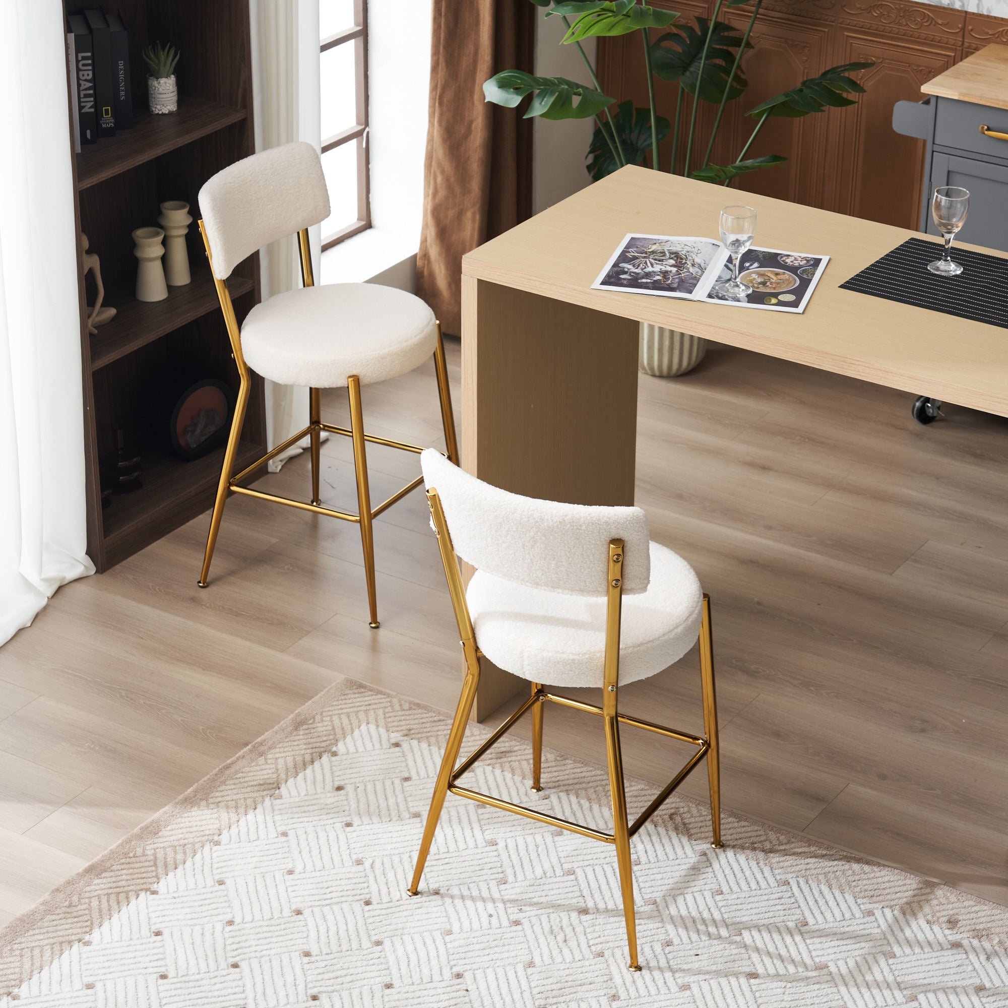 Set of 4 Modern Teddy Fabric Upholstered Bar Stools, Metal base high stool - Beige