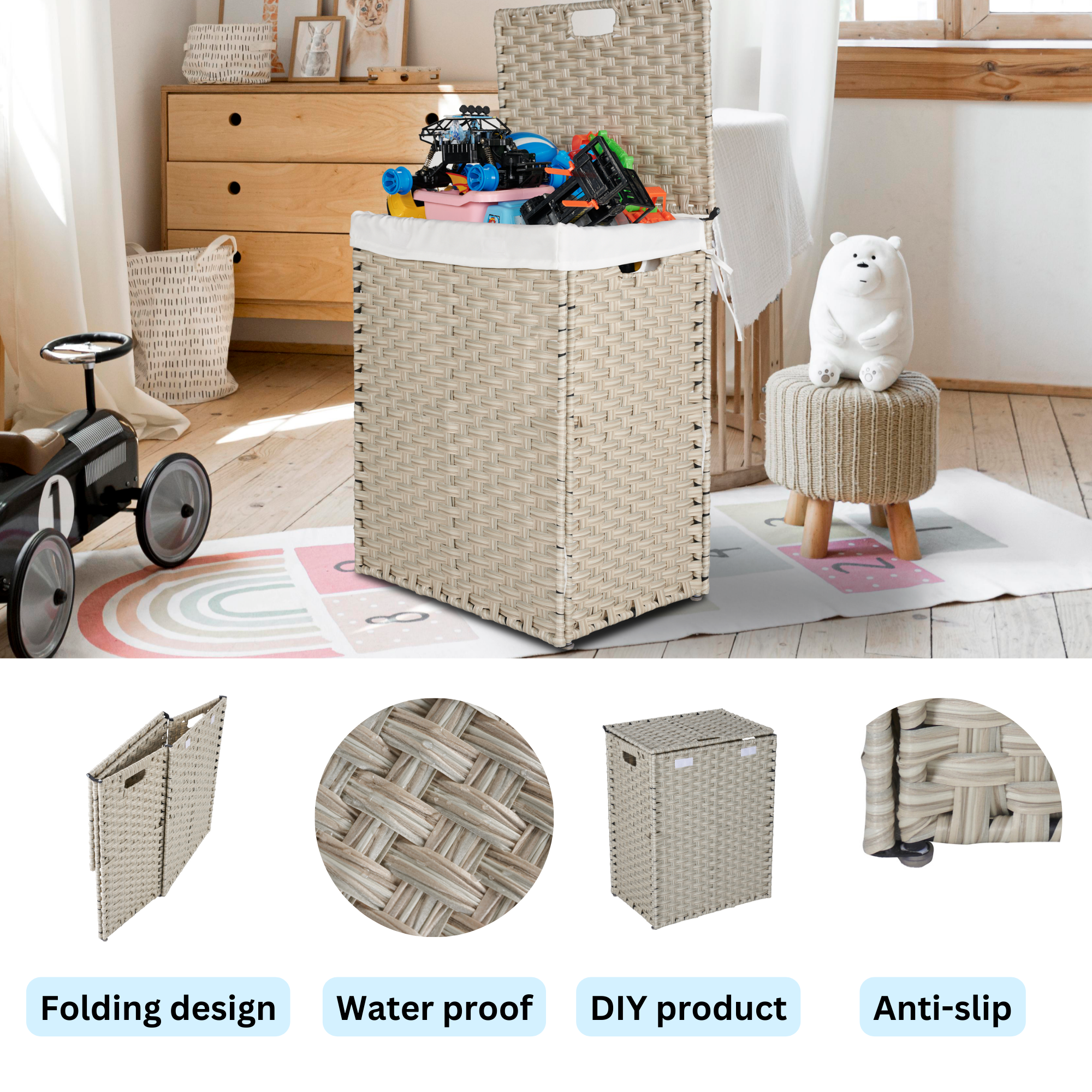 Laundry Hamper With Lid PE Rattan Powder Coating Frame Clothes with 2 Removable Bags, 100L - Light Grey