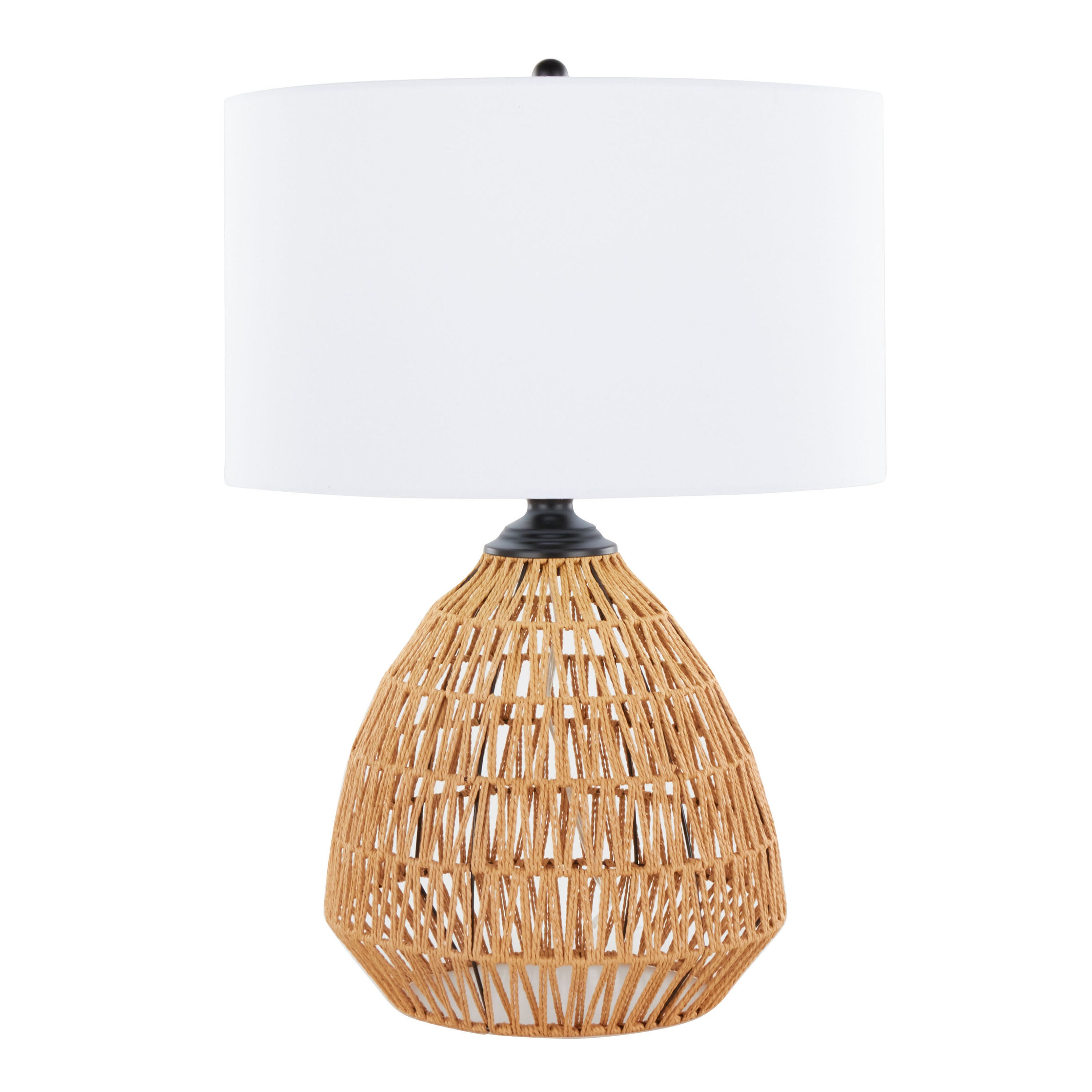 Boho 29" Contemporary Table Lamp in Natural Rope Rattan, Matte Black Metal and White Linen Shade