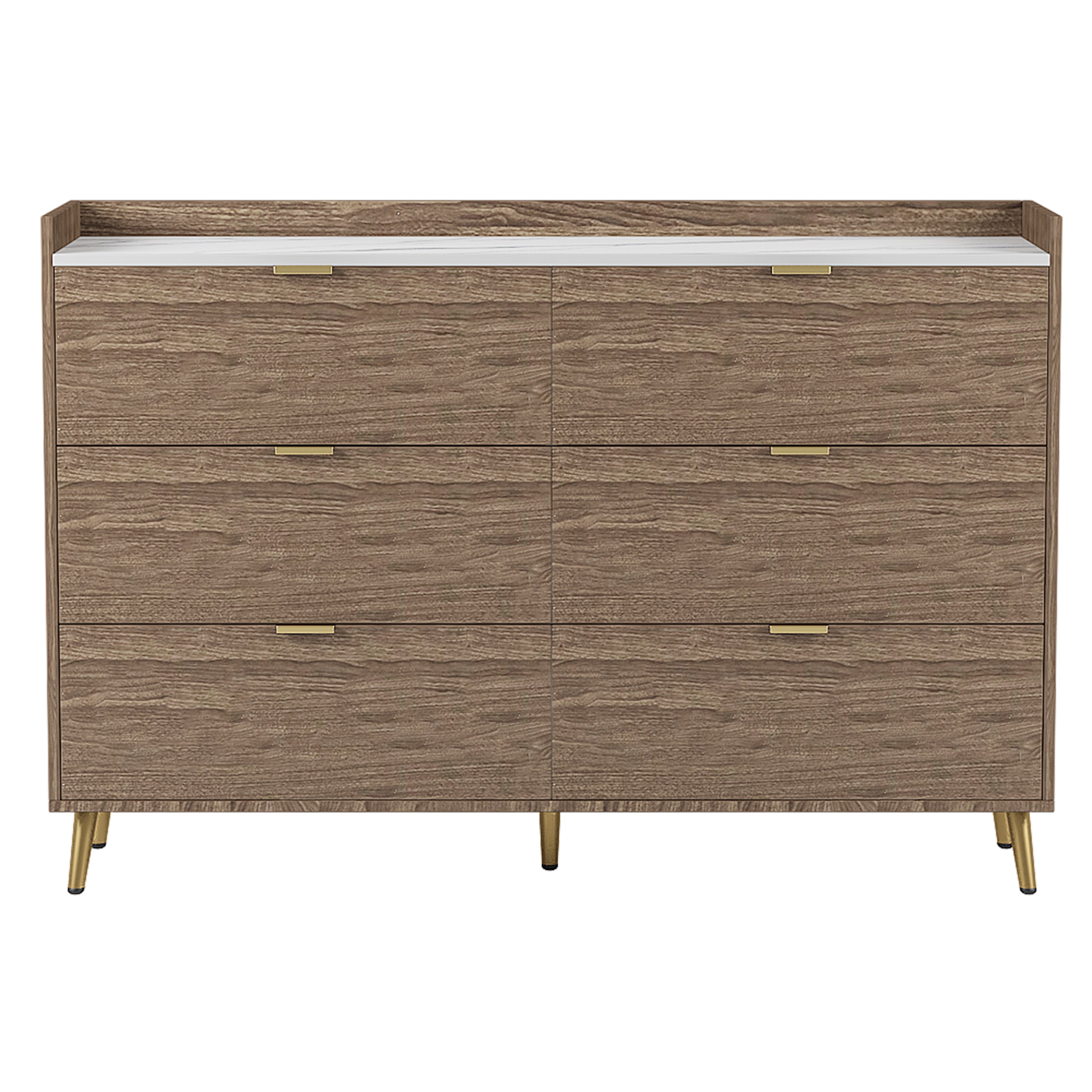 55" Long 6 Drawer Dresser with Marbling Worktop, Mordern Storage Cabinet with Metal Leg and Handle - Walnut