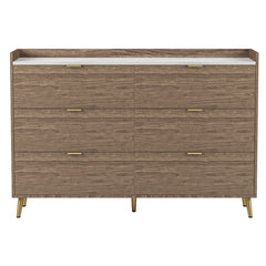 55" Long 6 Drawer Dresser with Marbling Worktop, Mordern Storage Cabinet with Metal Leg and Handle - Walnut