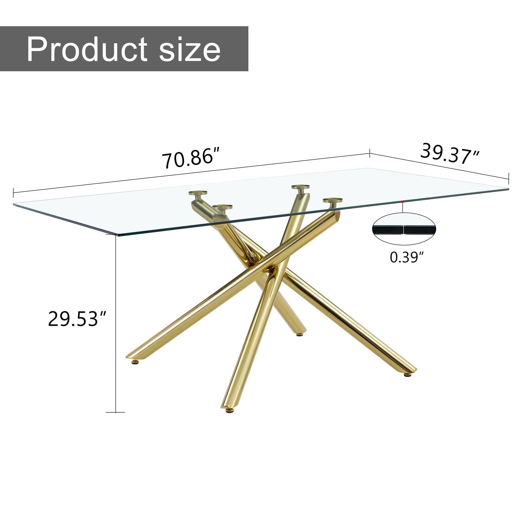 Modern Minimalist Rectangular Glass Dining Table for 6-8 with 0.39" Tempered Glass Tabletop and Silver Chrome Metal Legs - Golden