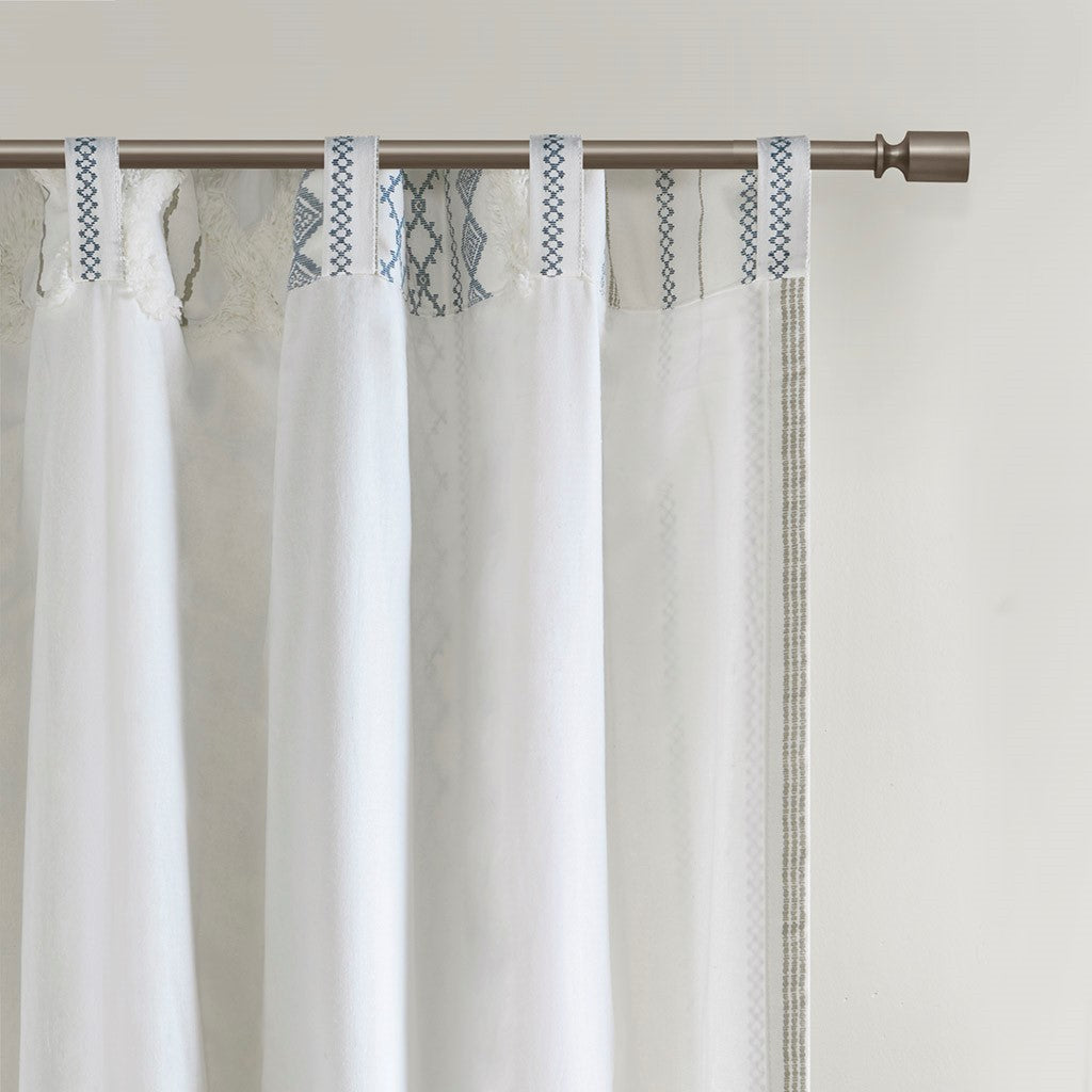 50x95" Cotton Printed Curtain Panel with Chenille Stripe and Lining - Ivory+Navy (1 panel only)