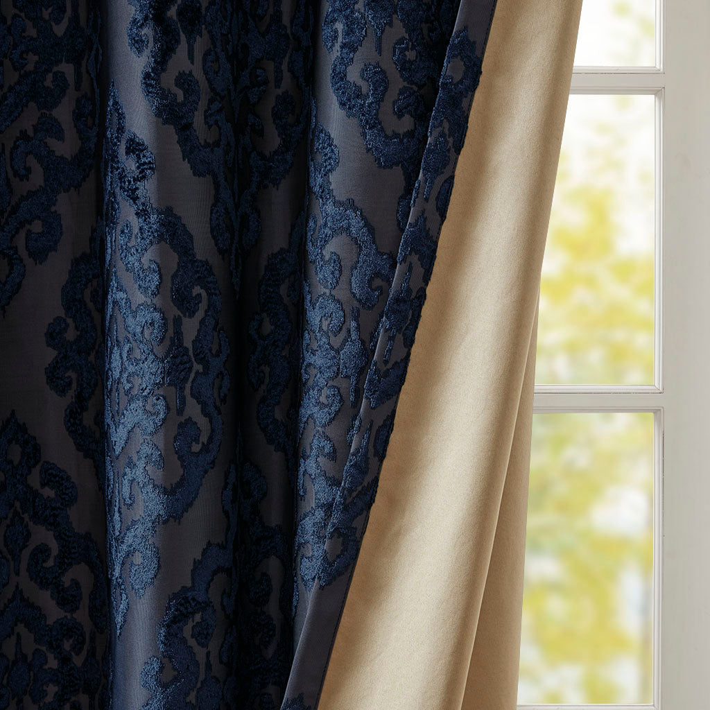 Knitted Jacquard Damask Total Blackout Grommet Top Curtain Panel - Navy