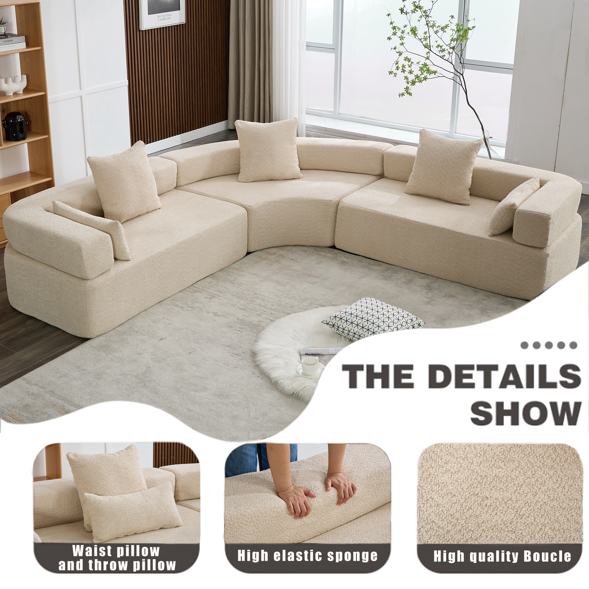 Upholstered 4 Seater Couch for Living Room, Modern Modular 3 Piece Free Combination, Semicircular Modular Sofa - Boucle, Khaki