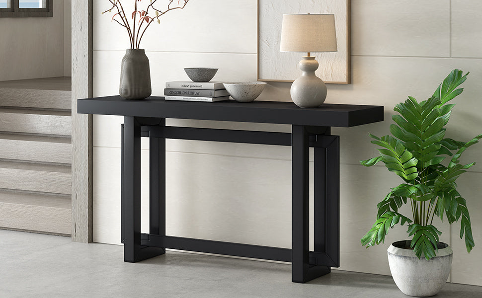 Contemporary Console Table with Industrial-inspired Concrete Wood Top, Extra Long Entryway Table for Entryway - Black
