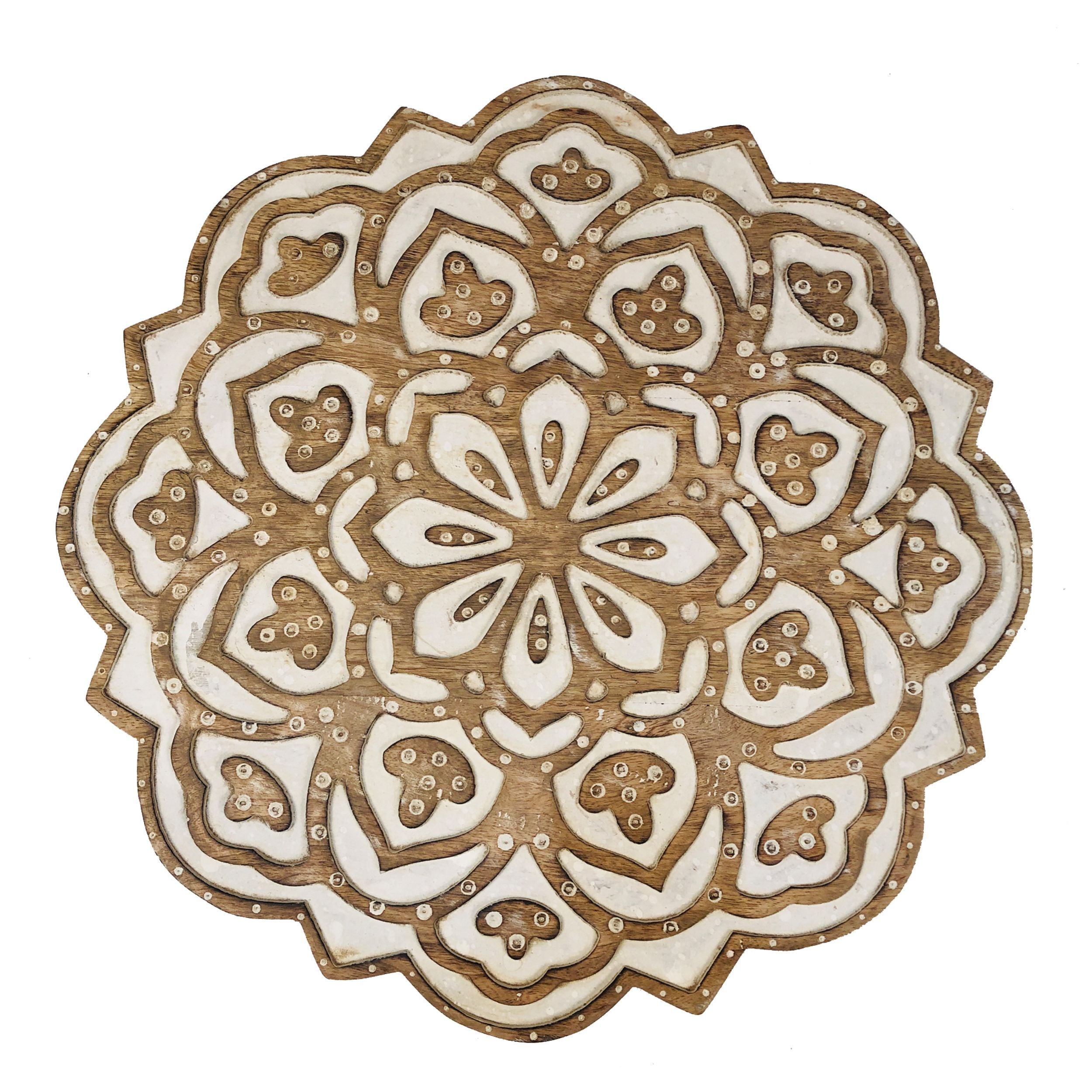 Handcrafted Mango Wood Side End Table, Floral Carved Top, Tripod Base, 18 Inch  - Antique Brown & White