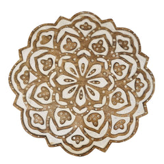Handcrafted Mango Wood Side End Table, Floral Carved Top, Tripod Base, 18 Inch  - Antique Brown & White